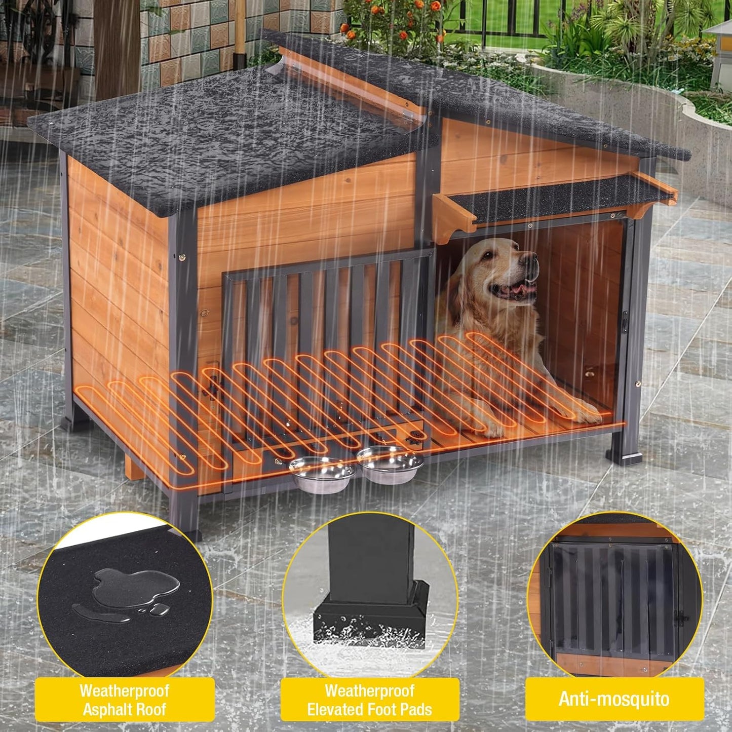Chew-Resistant Dog House with Metal Frame, Wooden Kennel for Indoor & Outdoor Use, Waterproof Roof & Feeding Bowls Included (Wood, L-in)
