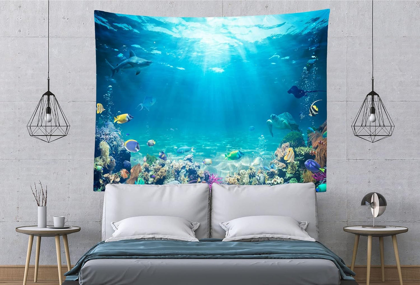 Underwater World Tapestry Blue Ocean Wall Hanging Under the Sea Coral Reef Wall Tapestry Tropical Fish Tank Undersea Tapestries Marine Wall Art for Bedroom Living Room Dorm Decor 118''x98''