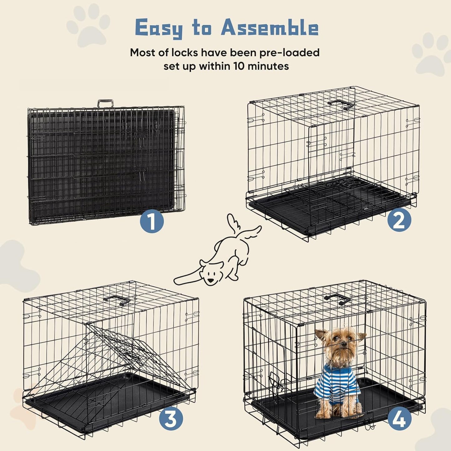DUMOS Dog Crate, 24 Inch Medium Single Door Dog Cage with Divider Panel and Plastic Leak-Proof Pan Tray, Folding Metal Wire Pet Kennel for Indoor, Outdoor, Travel