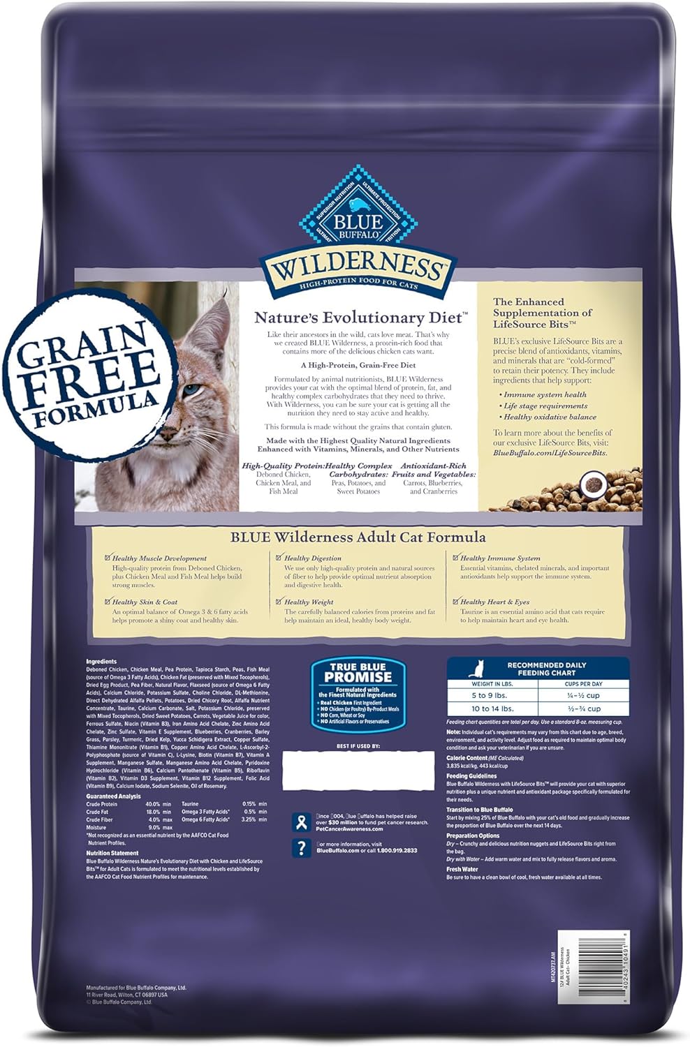 Blue Buffalo Wilderness Natural Adult Dry Cat Food, High-Protein and Grain-Free Diet, Supports Healthy Muscle Development and a Healthy Immune System, Chicken, 12-lb. Bag