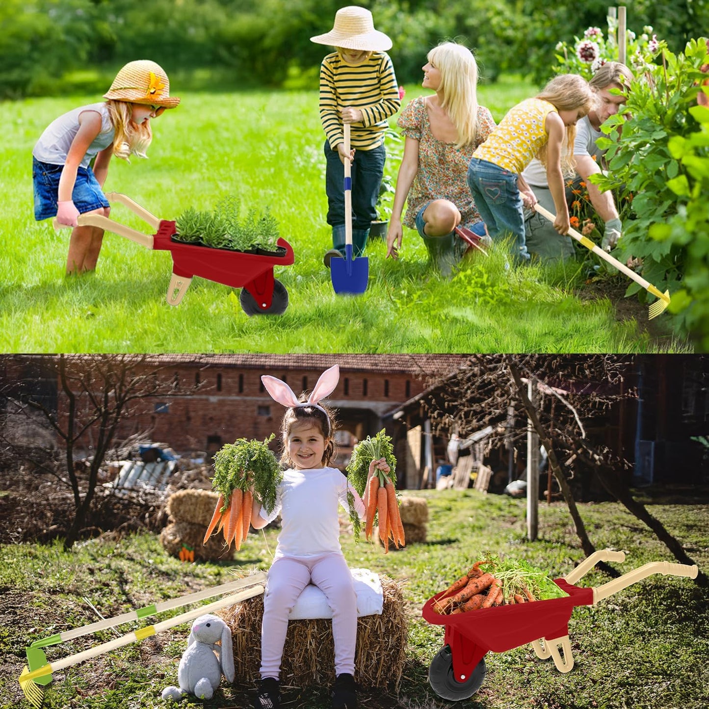 Kids Gardening Tools Outdoor Toys Set Backyard Play with Wheelbarrow Educational STEM Learning Pretend Toys Outdoor Indoor for Toddlers Kids Boys Girls (Red Wheelbarrow Set)