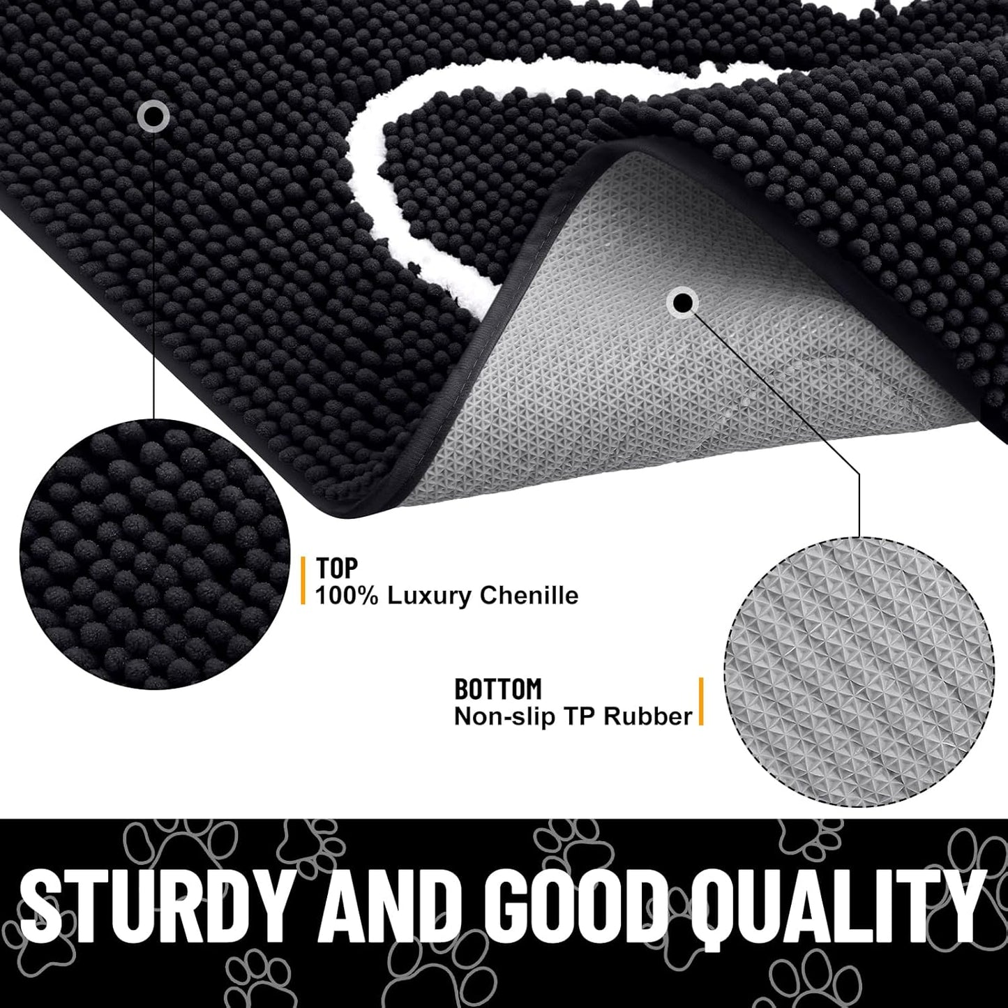 Smiry Dog Door Mat for Muddy Paws, Absorbent Dirt Trapper Non Slip Quick Dry Washable Chenille Mat for Mud Dogs, Entry Rug for Indoor and Outdoor (47x32 Inches, Black)