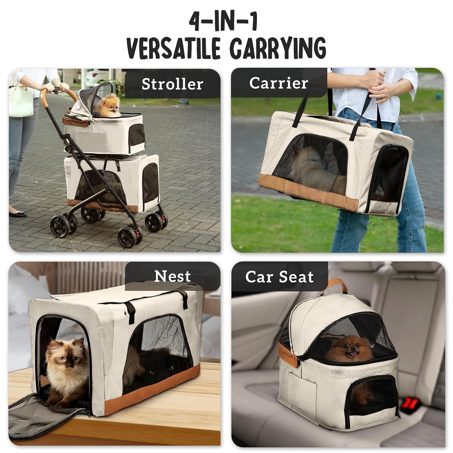 Double Pet Stroller with Detachable Carriers - Ideal for 2 Dogs or Cats - Compact & Convenient Design - Easy Assembly Double Dog Stroller - Cosmic Beige
