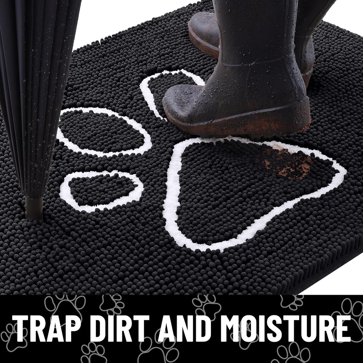 Smiry Dog Door Mat for Muddy Paws, Absorbent Dirt Trapper Non Slip Quick Dry Washable Chenille Mat for Mud Dogs, Entry Rug for Indoor and Outdoor (47x32 Inches, Black)