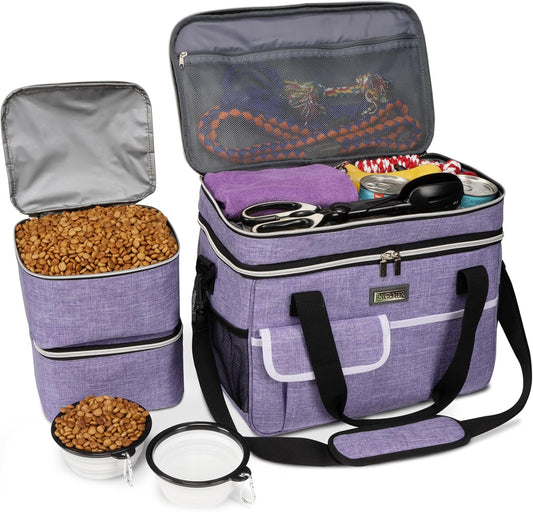 BAGLHER Dog Travel Bag for Supplies - Double-Layer Airline Approved Weekend Pet Travel Organizer Set for Dog and Cat Tote with 2 Pet Food Containers and 2 Collapsible Silicone Bowls Purple