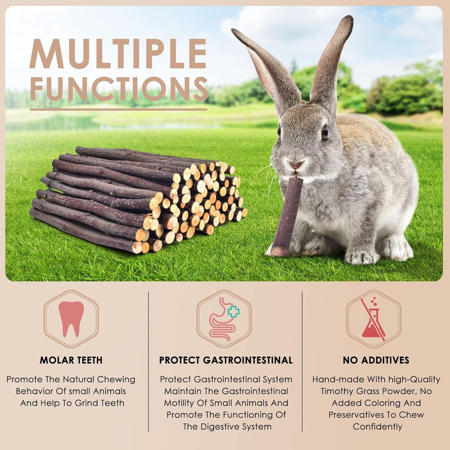 Bissap 120g/4.2oz Apple Sticks for Rabbits, Natural Bunny Chew Toys and Treats for Chinchilla Guinea Pig Hamster Gerbil Small Animals Pet Apple Wood Stick Toys Teeth Grinding