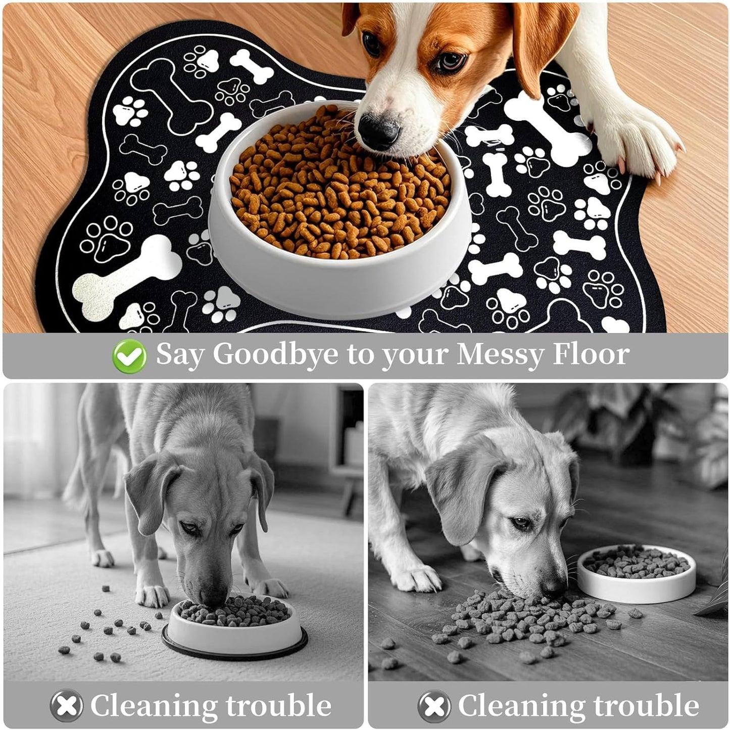 Dog & Cat Food Mat Bone Shaped Pet Feeding Mat Quick Absorb Water Bowl Placemat with Rubber Backing Indoor Floor Stain Resistant Pet Accessory Supplies (Black, 17x29 Inches)