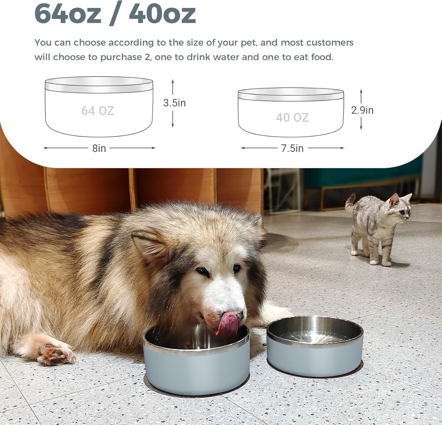 Dog Bowl, Stainless Steel Dog Food and Water Bowl with Non Slip Quiet Bottom, Easy to Clean, Dishwasher Safe, 40oz, Light Grey