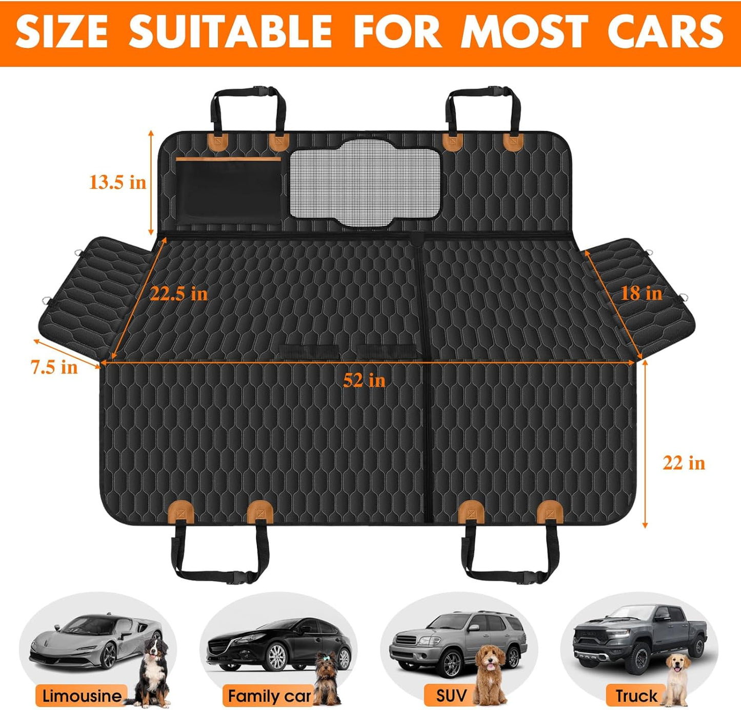 Dog Back Seat Cover, Waterproof Scratch Proof Nonslip Dog Hammock for Car, Car Seat Cover for Back Seat with Sanitary Pad Mesh & Pocket for Cars SUVs and Trucks - S, Black/Orange