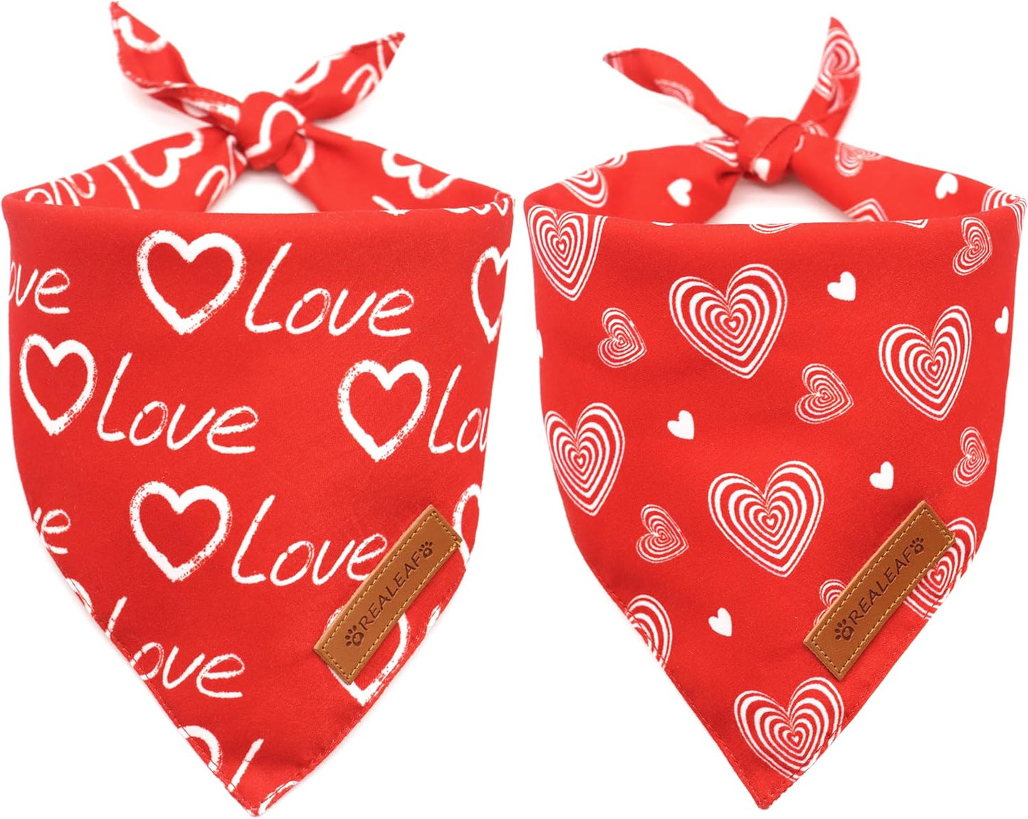 Realeaf Valentines Day Dog Bandanas 2 Pack, Reversible Love Pet Scarf for Boy and Girl, Premium Durable Fabric, Heart Bandana for Medium Large Dogs (Large)