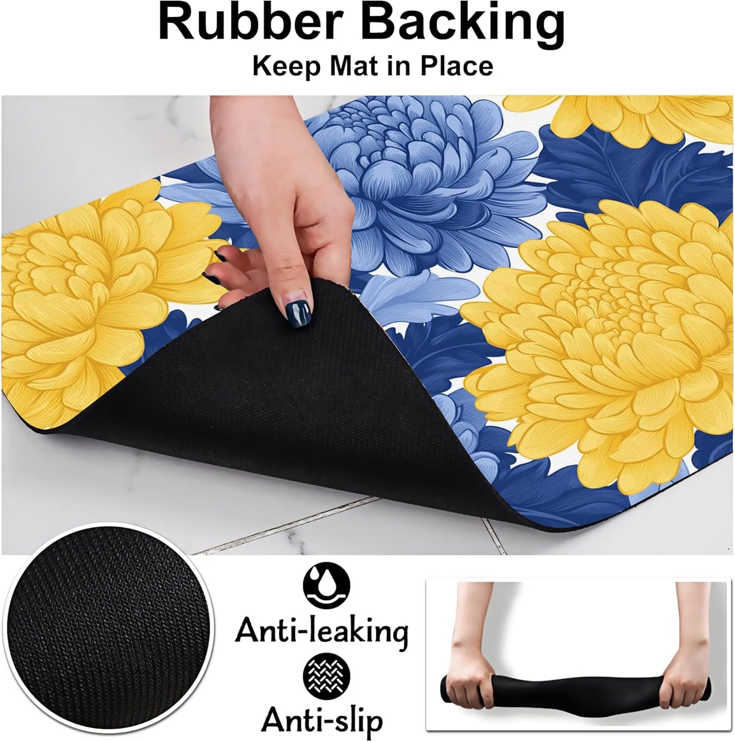 Blue Yellow Flowers Pet Cat Dog Food Mat-Absorbent Quick Dry Feeding Placemat for Water and Food, No Stains Rubber Base Mat for Indoor Use, Pet Accessories 12"x20"