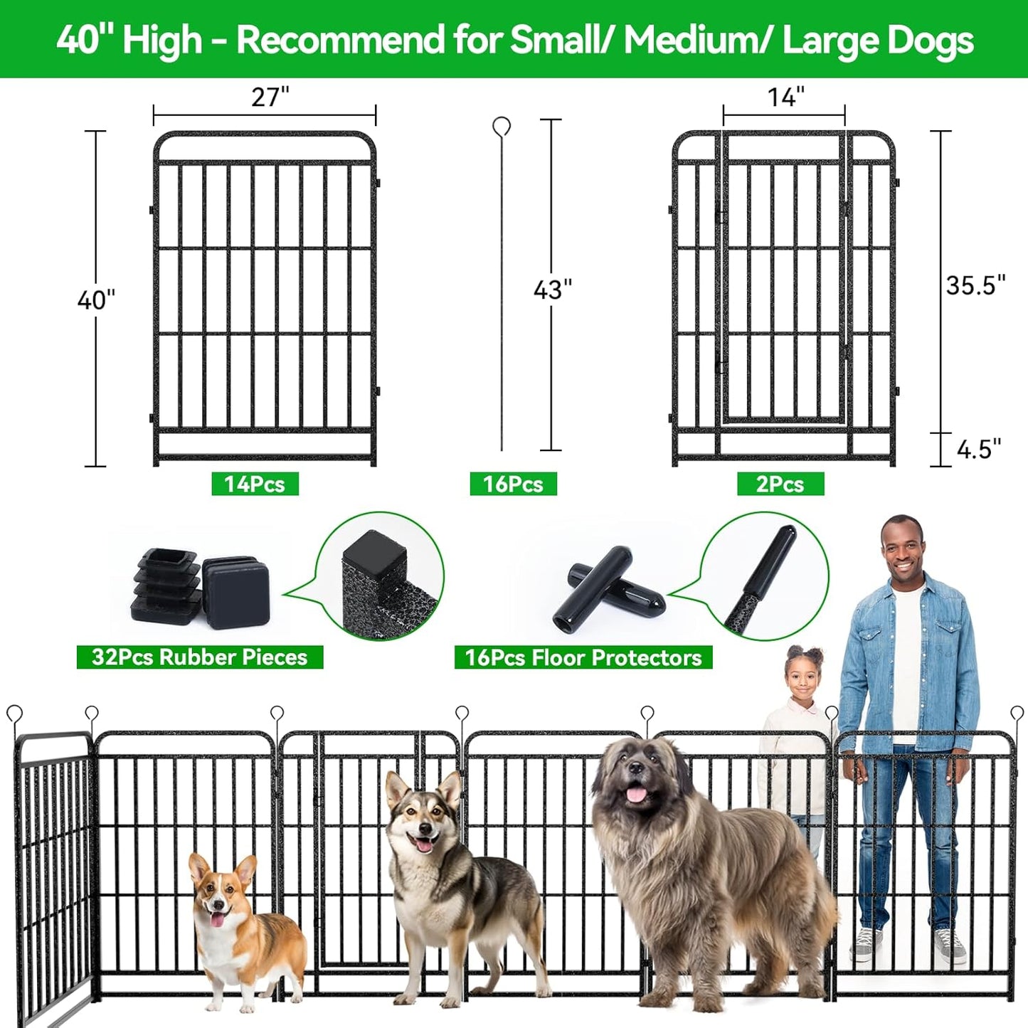 Dog Playpen Outdoor 16 Panels Heavy Duty Dog Fence 40" Height with Thick Pipe Anti-Rust with Doors Portable for RV Camping Yard, Total 36FT, 103 Sq.ft, Snowy Black