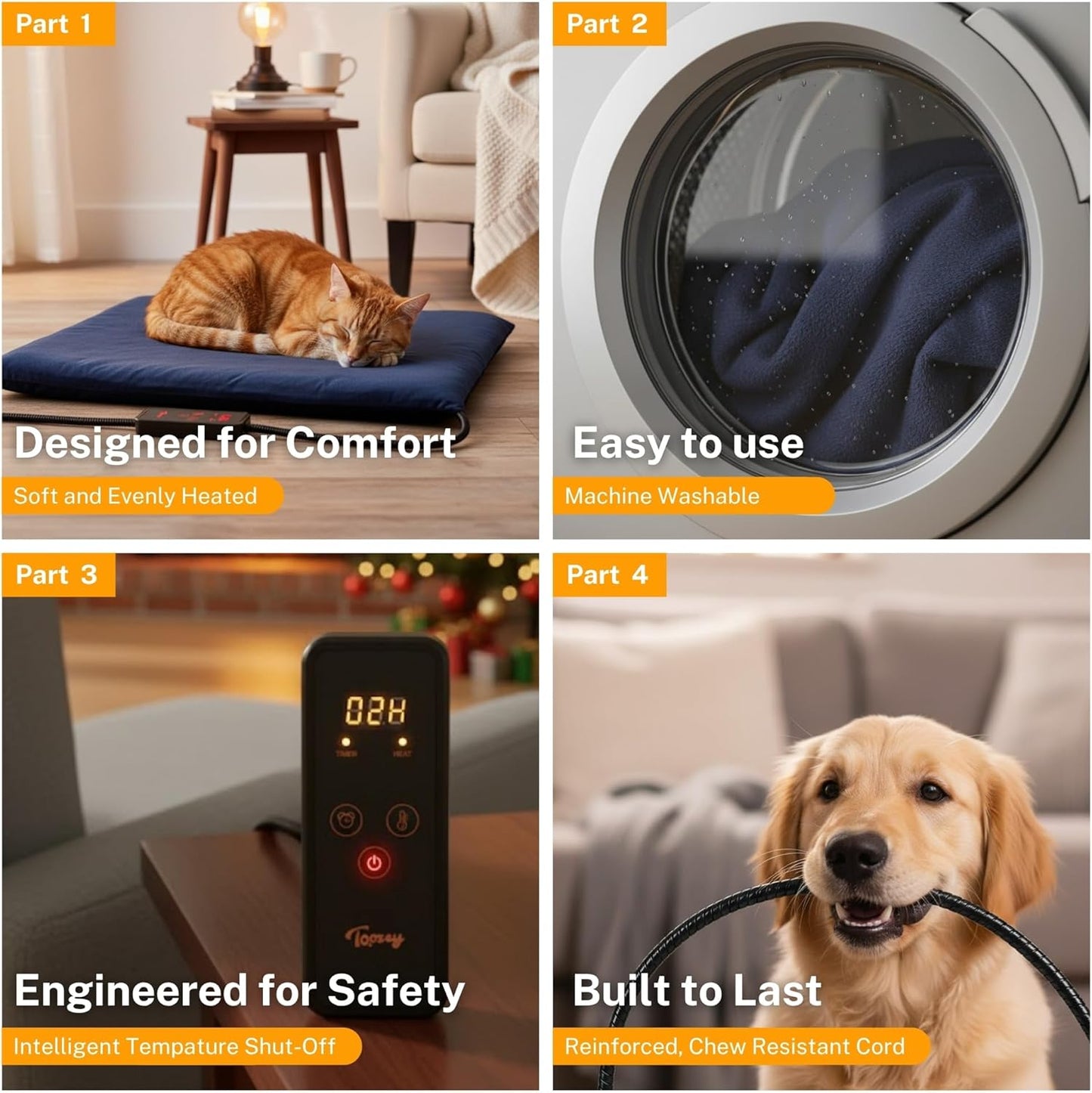 Toozey Pet Heating Pad, 6 Adjustable Temperature Dog Cat Heating Pad with Timer, Waterproof Heated Dog Bed with Chew Resistant Cord, Indoor Electric Pet Heated Mat 28x20in