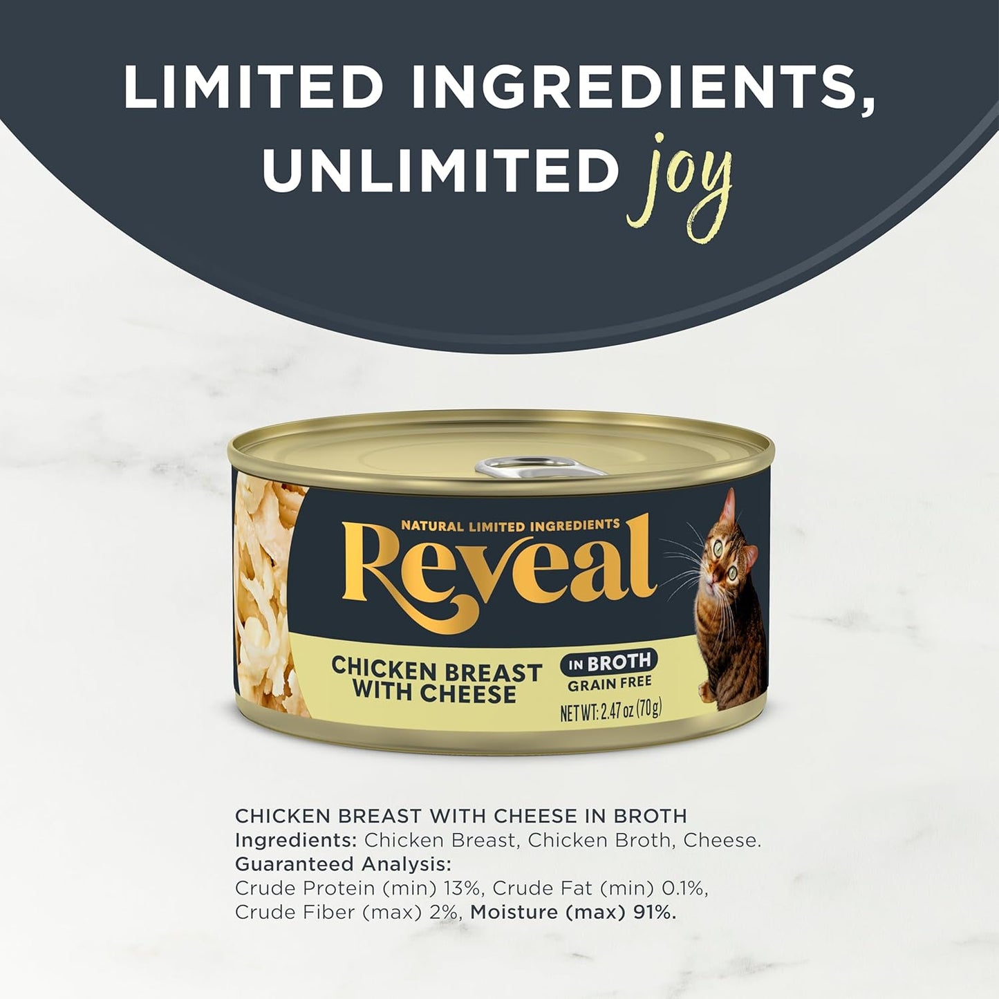 Reveal Natural Wet Cat Food, 24 Count, Grain Free, Limited Ingredient Canned Food for Cats, Chicken Breast with Cheese in Broth, 2.47 oz Cans