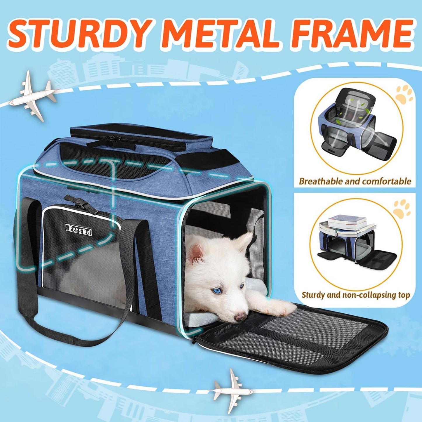 Petskd Top-Expandable Pet Carrier 17x12x8.5 Inches JetBlue Allegiant Spirit Airline Approved, Soft-Sided Carrier for Small Cats and Dogs with Locking Safety Zippers and Anti-Scratch Mesh(Blue)