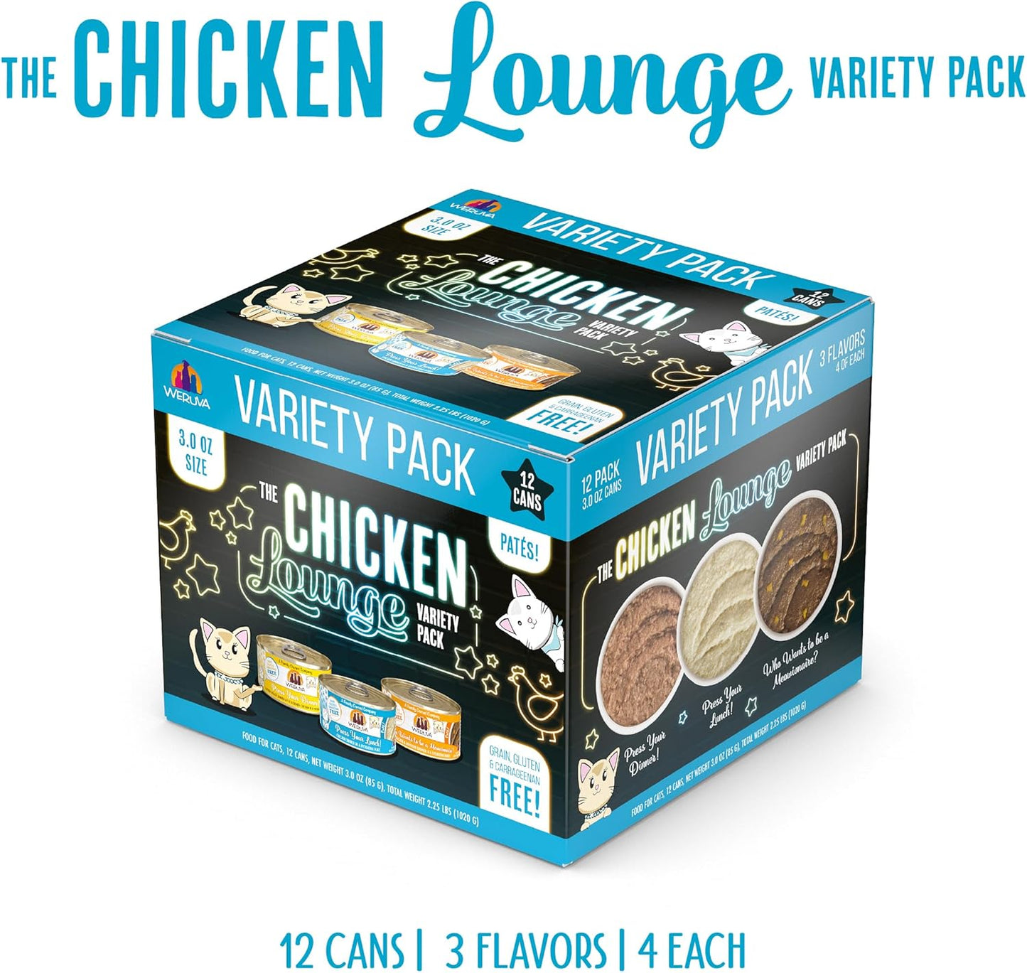 Weruva Wet Cat Food, The Chicken Lounge Paté Variety Pack, 3oz Can, Pack of 12