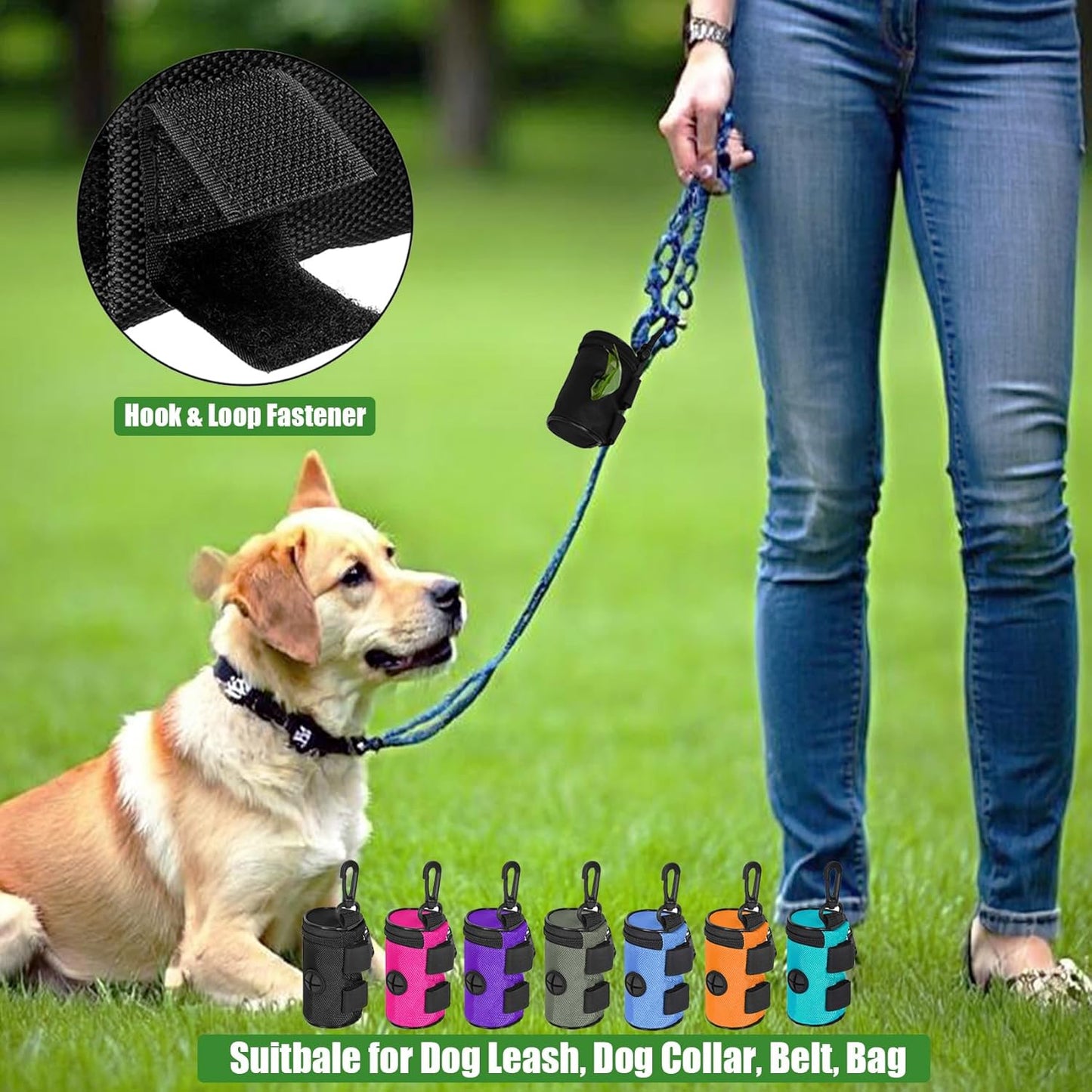Dog Poop Bag Holder for Leash Attachment - Waste Bag Dispenser for Leash - Fits Any Dog Leash - Portable Set with Hand Free Holder Metal Carrier, Round Shape, Pink
