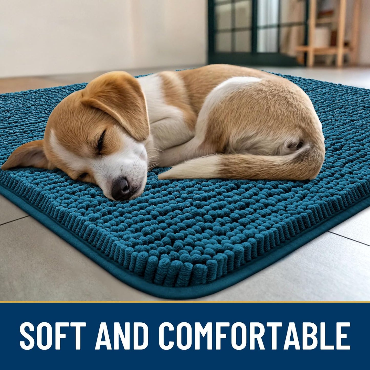 Smiry Dog Door Mat for Muddy Paws 59x24, Absorbs Moisture and Dirt Doormat, Non-Slip Washable Quick Dry Chenille Front Door Mat Indoor Entrance, Entryway Carpet for Inside Floor, Atlantic Blue
