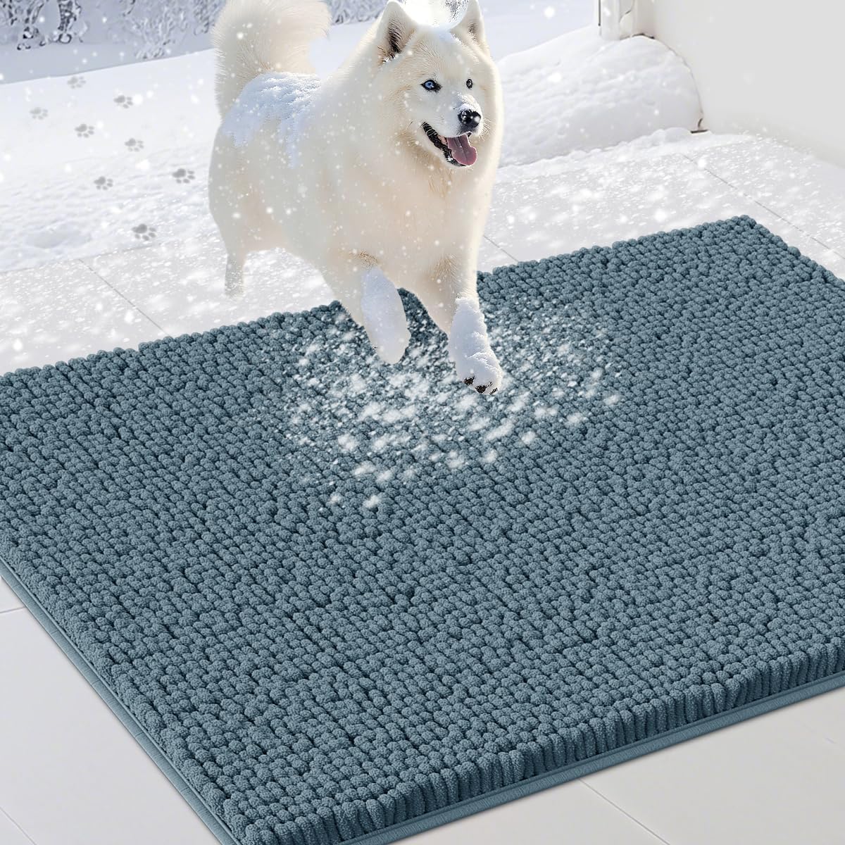 Dog Door Mats for Muddy Paws, Chenille Absorbent Door Mats, Non Slip Heavy Mud Mat for Dogs, Soft Indoor Door Mat for Entryway, Mud Paws, Inside Floor,30" X 20", Dusty Blue