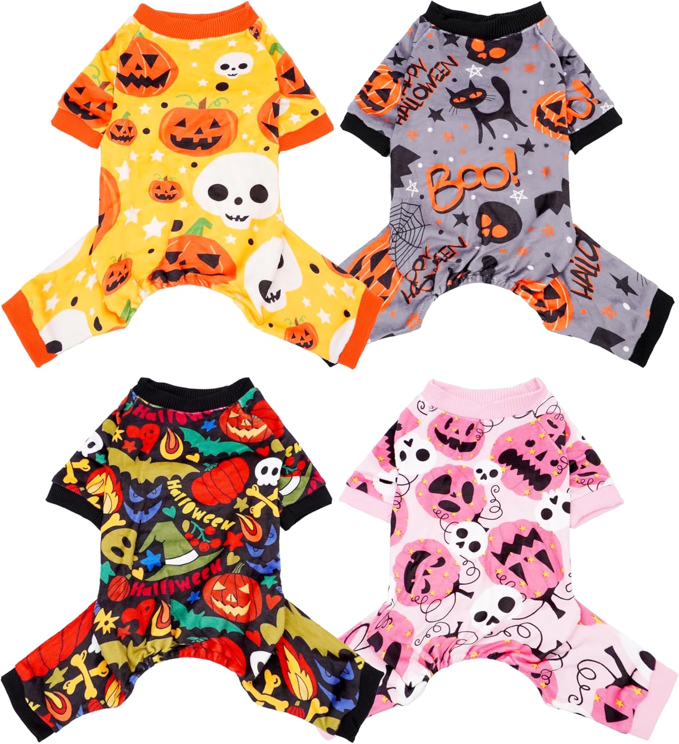 PET SHOW 4 Pack Halloween Small Dog Pajamas for Doggie Puppy Cats Kitten Onesies Pumpkin Ghost Soft Fleece Stretchy Jumpsuit Costume Boy Girl Pets PJs with Sleeve Clothes(S)