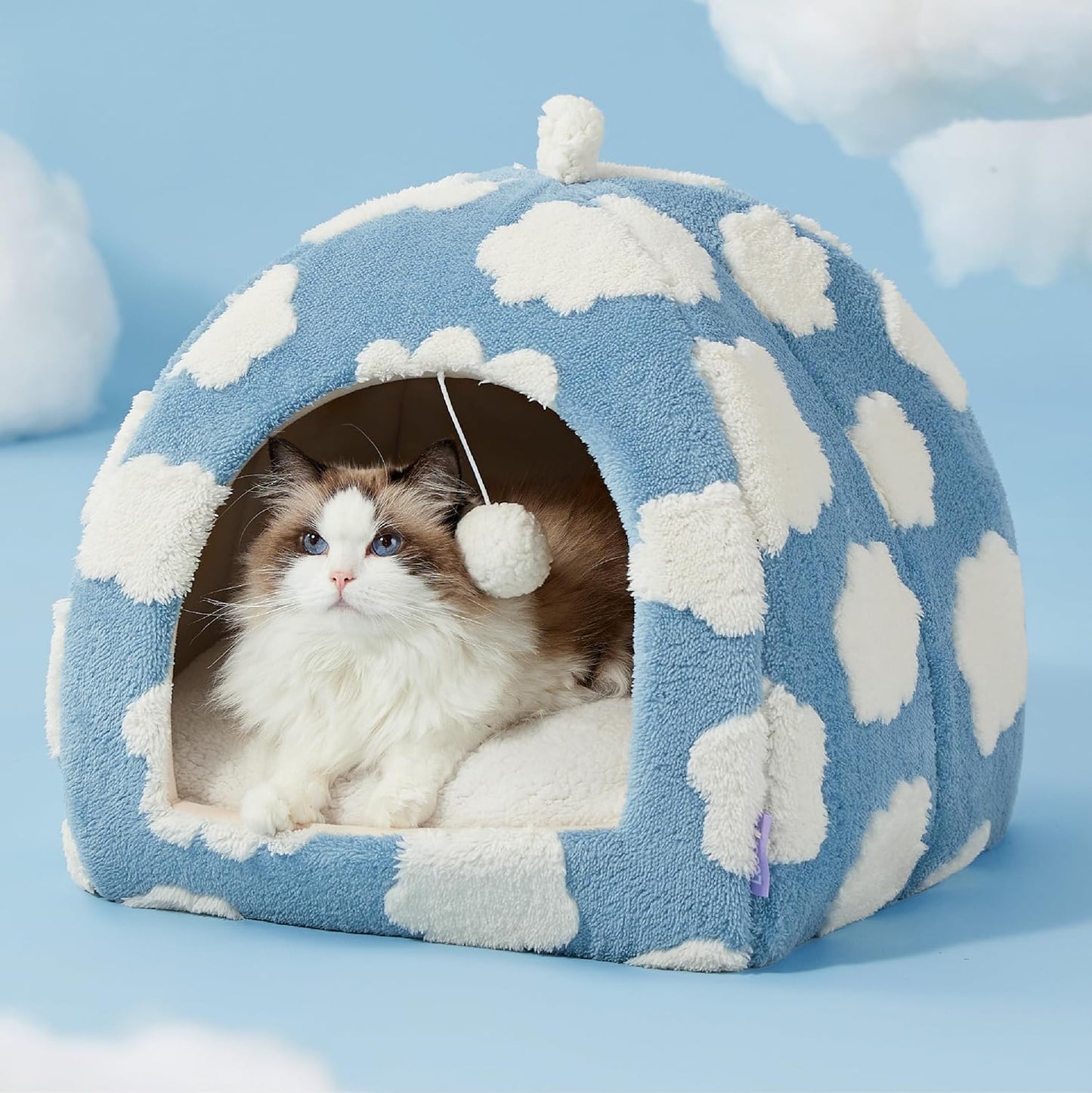 Lesure Cute Cat Beds for Indoor Cats - 2 in 1 Large Cat Cave Bed for Puppy and Small Dog with Removable Washable Cushioned Pillow, Cozy Kitten Tent with Non-Slip Bottom, Blue, 17.3 inches