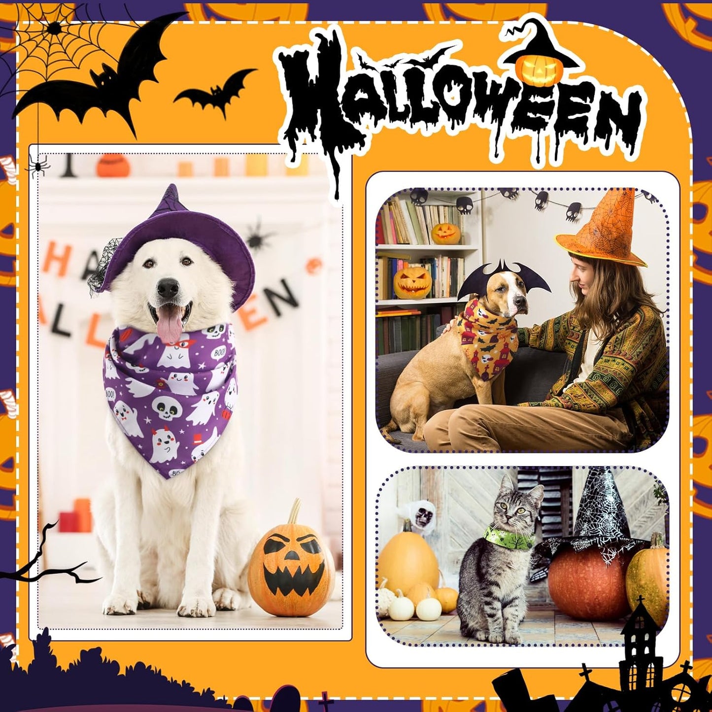 Abbylike 50 Pcs Halloween Dog Bandanas Bulk Pet Scarfs Triangle Bibs Adjustable Washable Puppy Kerchief Seasonal Pet Costume Accessories Grooming Supplies for Small Medium Large Dogs Cats