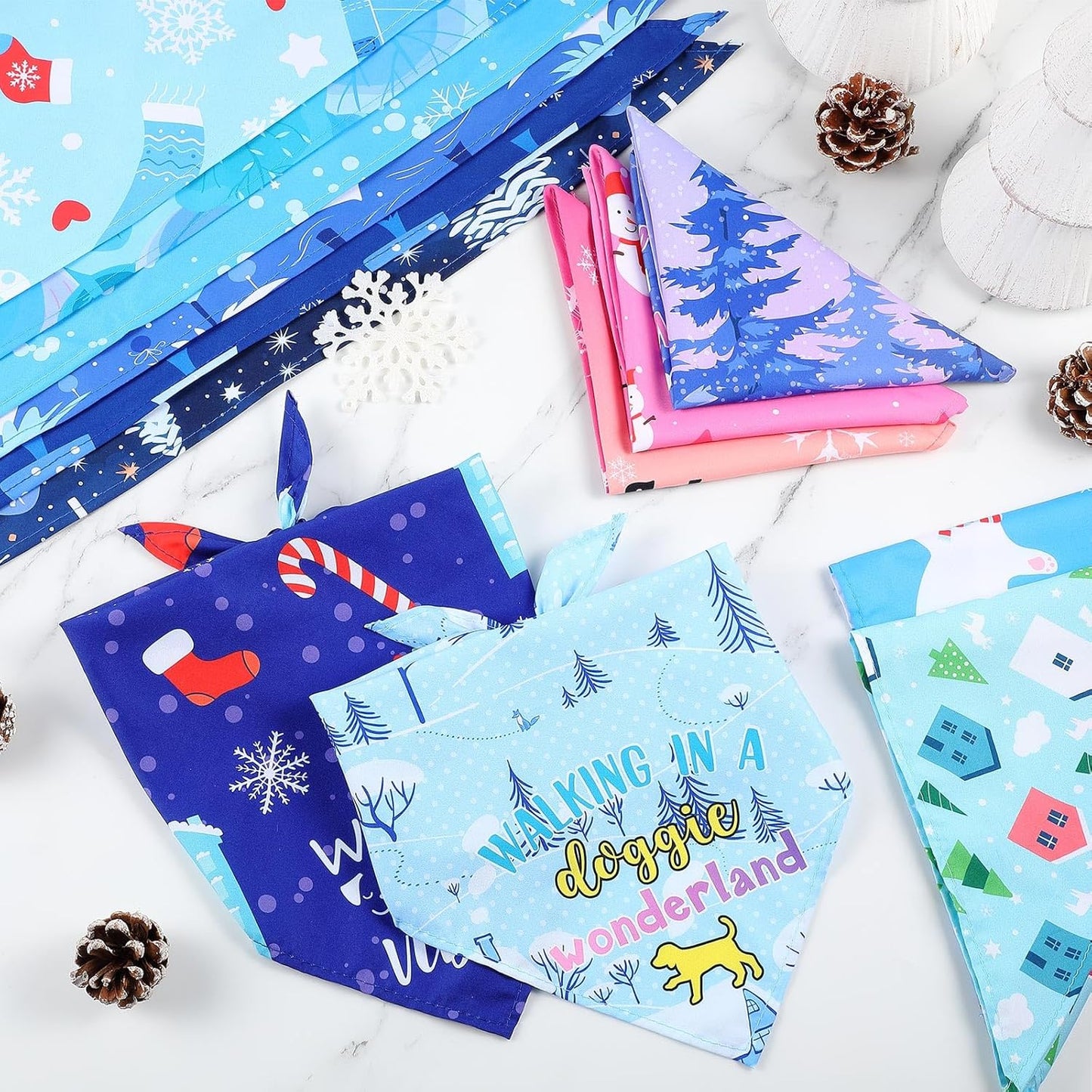 Abbylike 50 Pcs Winter Dog Bandanas Bulk Pet Scarfs Triangle Bibs Adjustable Washable Puppy Kerchief Seasonal Pet Costume Accessories Grooming Supplies for Small Medium Large Dogs Cats