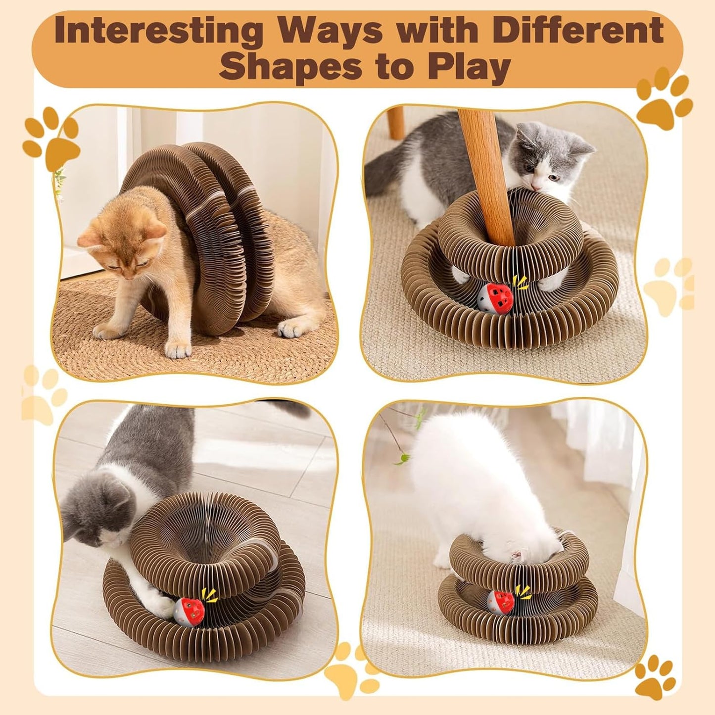 2 PCS Magic Organ Cat Scratcher Board with 6 Balls, Foldable Recyclable Accordion Cats Toy with Ball and Track Adventure, Cat Scratching Pad, Retractable Reversible Furniture Protector(Brown)