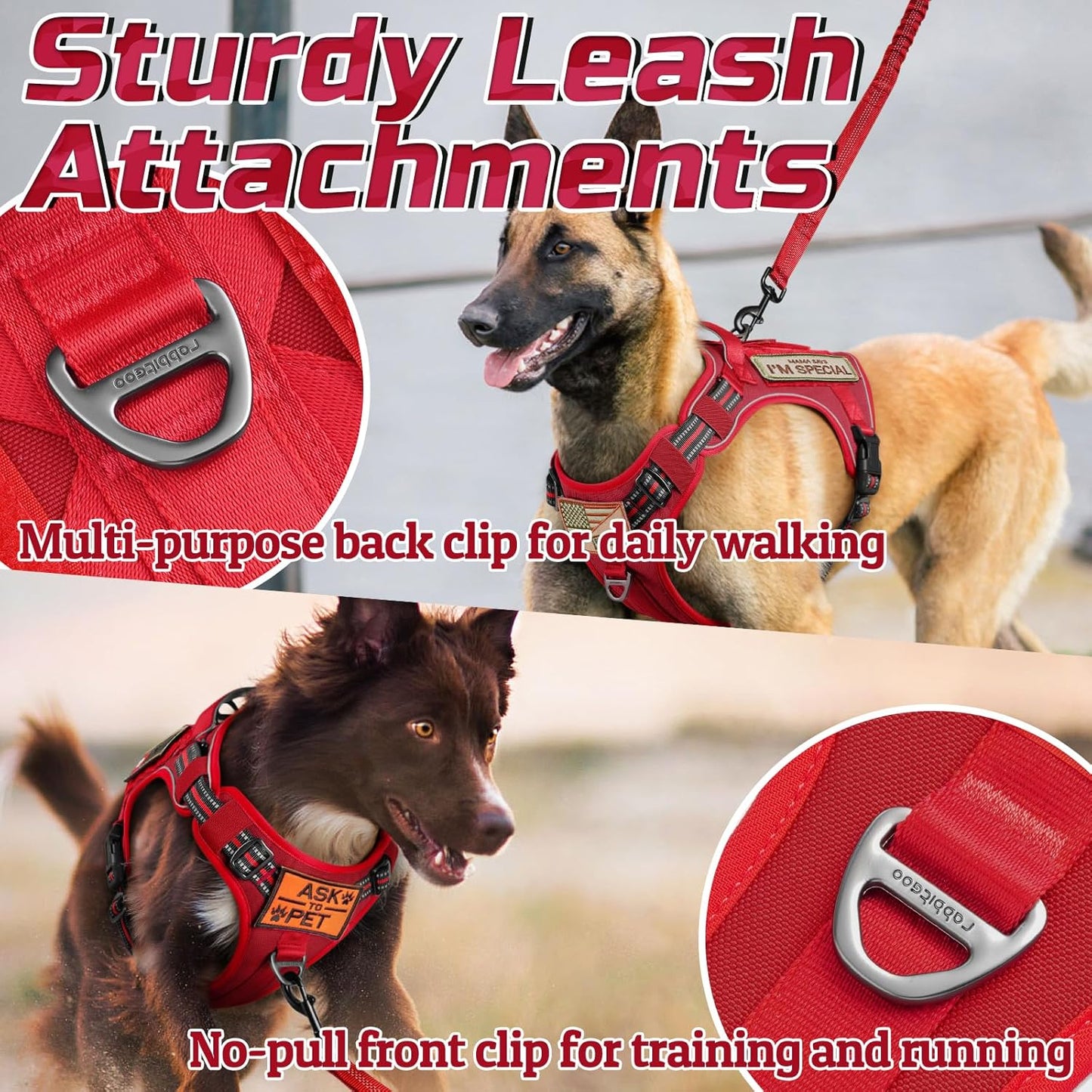 rabbitgoo Tactical Dog Harness for Large Dogs, No Pull Military Service Vest with Handle & Molle, Easy Control for Training Walking, Adjustable Reflective Straps, Red, L