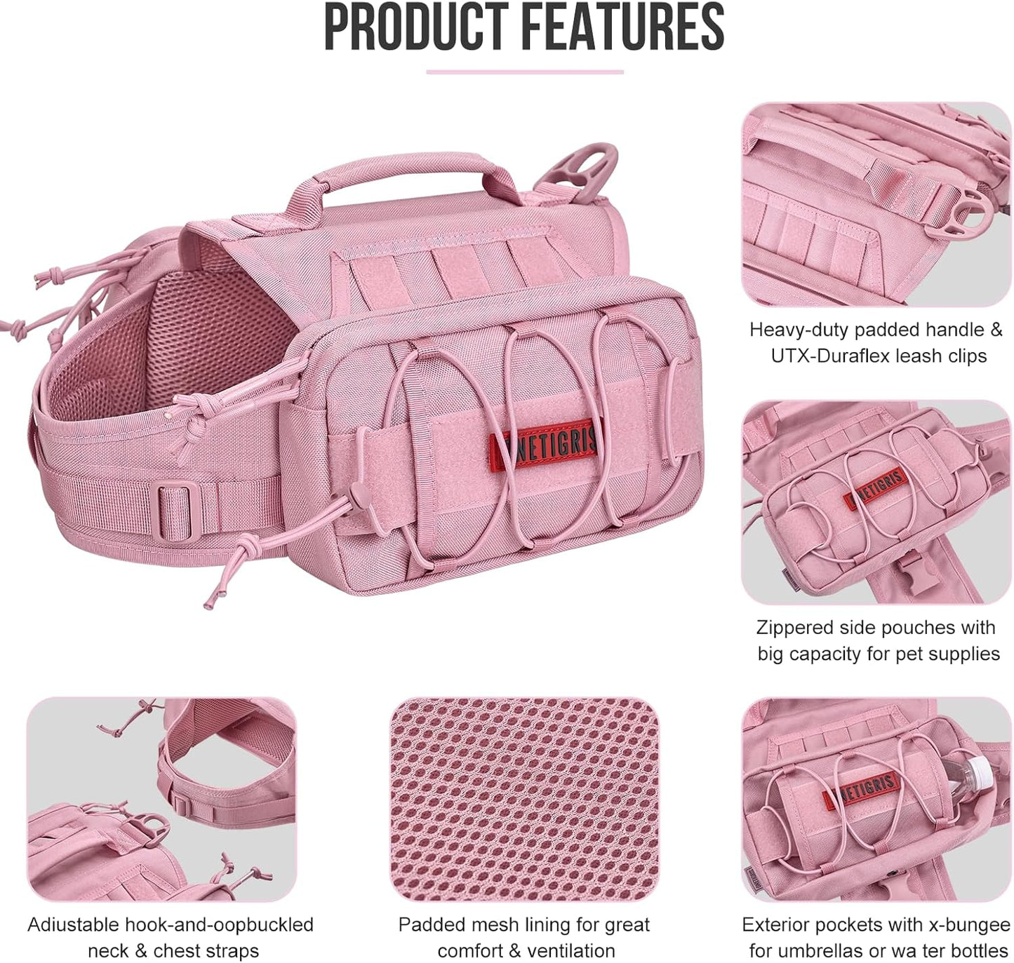 ONETIGRIS Dog Backpack for Medium & Large Dogs, Nylon Backpack for Dogs Tactical Pet Backpack with Side Pockets for Hiking Walking Training Running (Pink, Medium)