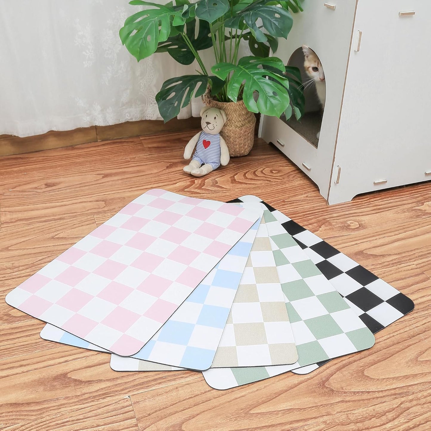Ralxion Checkered Dog Feeding Mat, Absorbent Mats for Dog Food and Water Bowl, Dispenser, Retro Aesthetic Pink Checkerboard Pet Placemat for Dogs, Cats, Puppy Accessories, 12" X19”