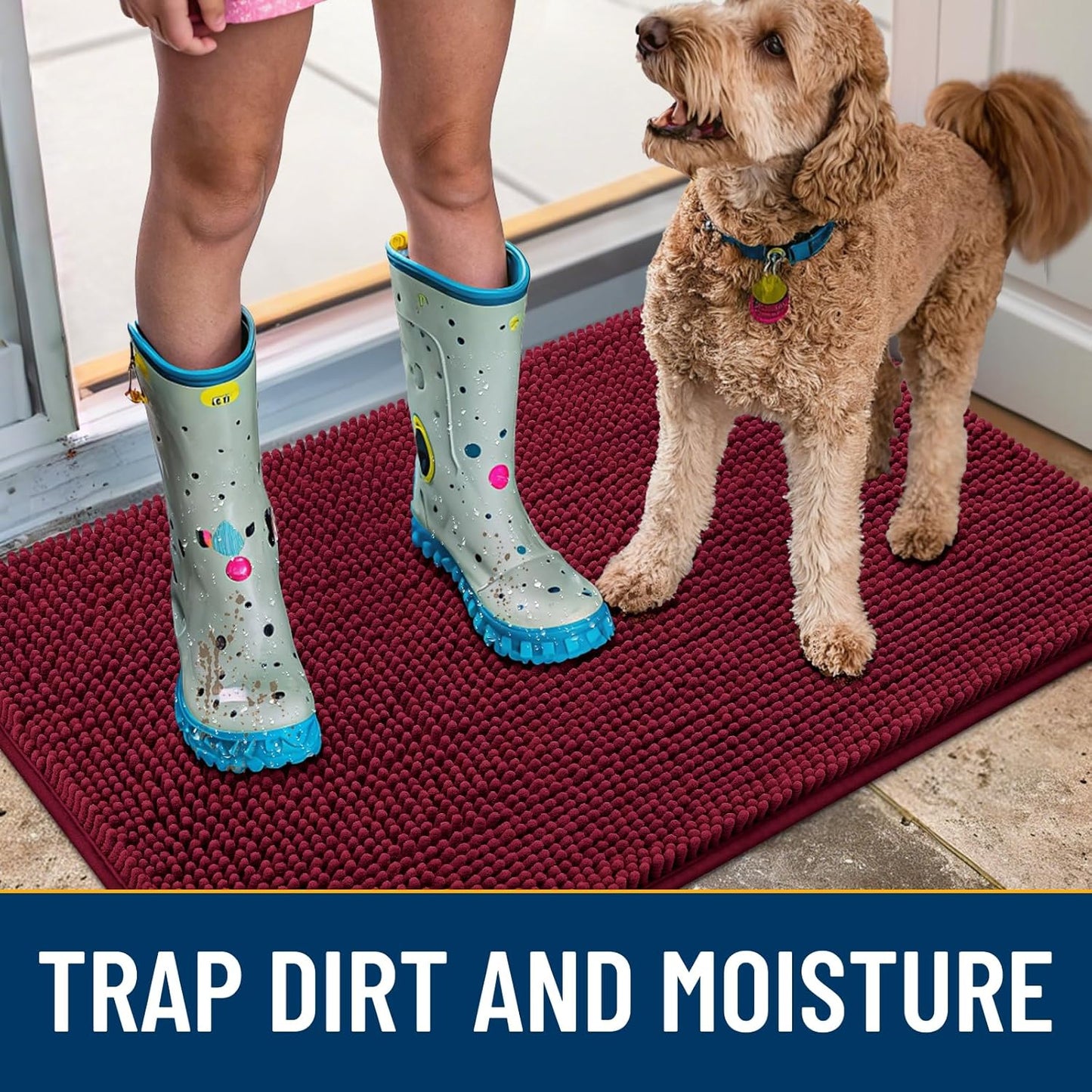 Smiry Dog Door Mat for Muddy Paws 59x35, Absorbs Moisture and Dirt Doormat, Non-Slip Washable Quick Dry Chenille Front Door Mat Indoor Entrance, Entryway Carpet for Inside Floor, Burgundy