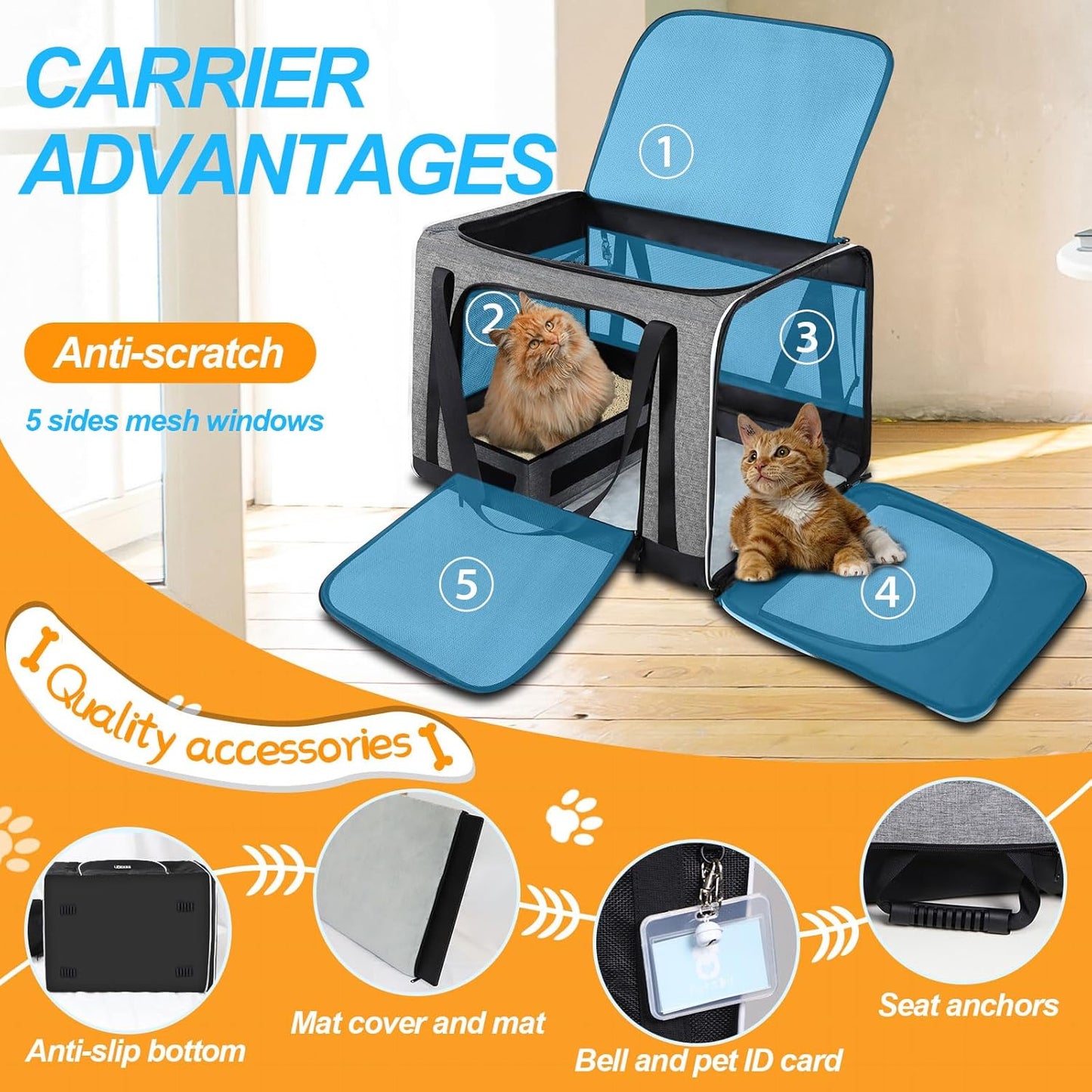 Petskd Extra Large Cat Carrier with Wheels and Litter Box 24"x17"x17" for Large Cat or 2 Small Cats, Collapsible Soft Sided Pet Carrier for Car Travel with Lockable Safety Zippers(Grey)