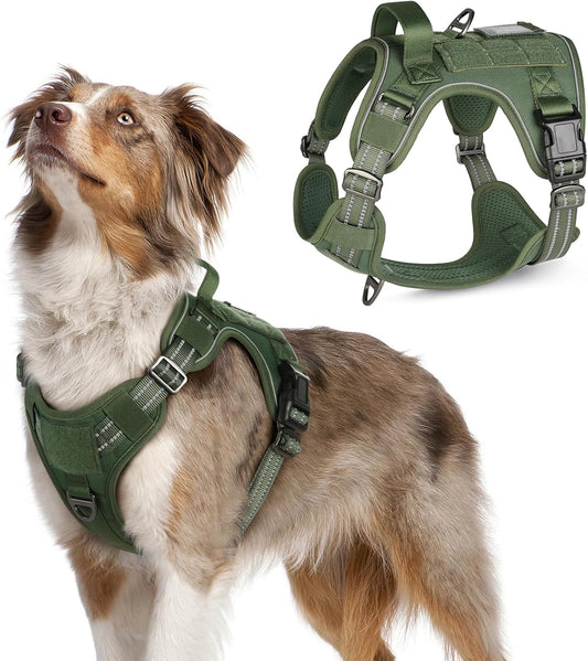 rabbitgoo Tactical Dog Harness Medium Sized Dog, No Pull Military Service Vest with Handle & Molle, Easy Control for Training Walking, Adjustable Reflective Straps, Green, M