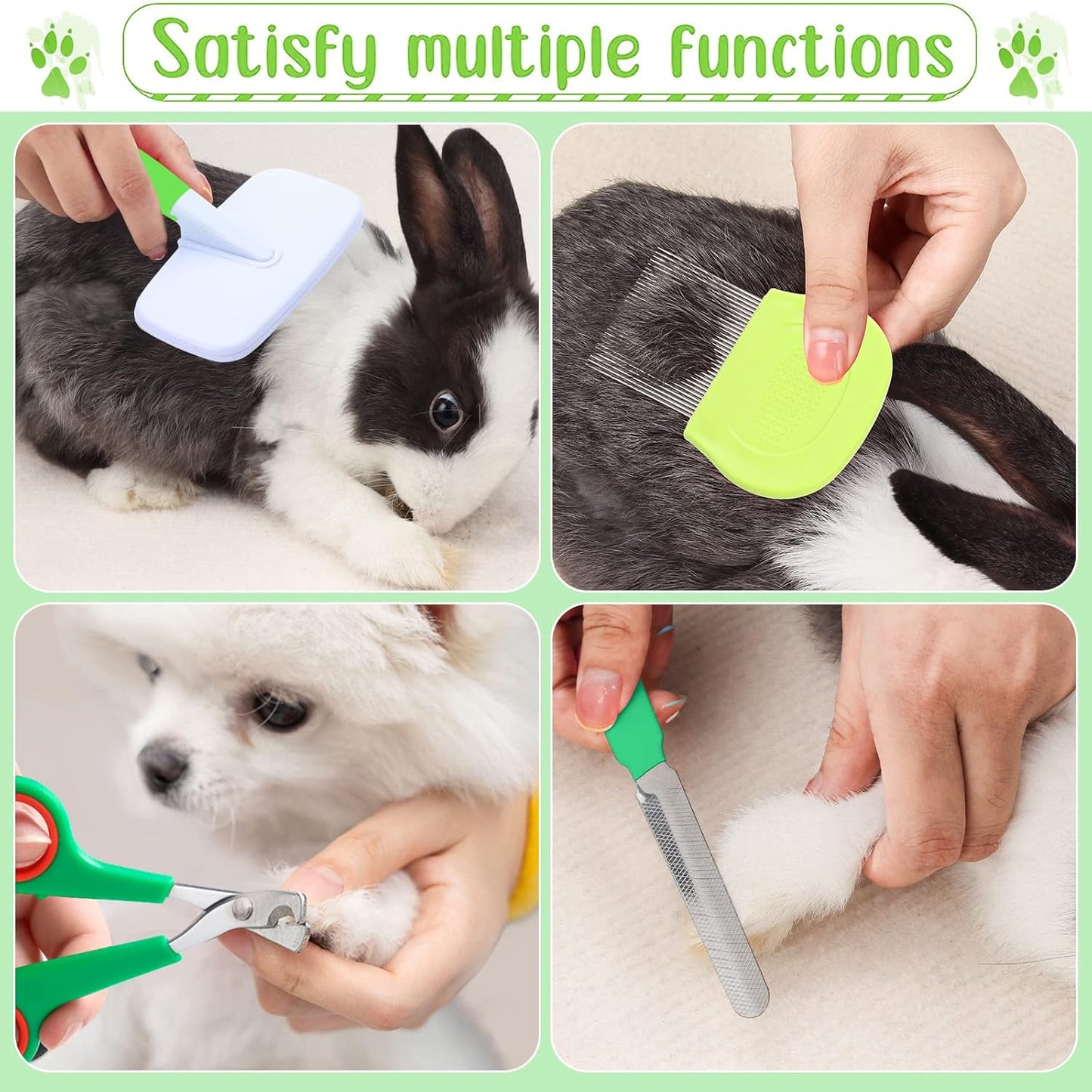 VCZONE 8 Pcs Small Animal Grooming Kit, Pink with Pet Nail Clipper and File, Flea Comb, Pet Shampoo Bath Brush, Pet Shedding Slicker Brush, Bath Massage Glove, Cleaning Comb (Green)