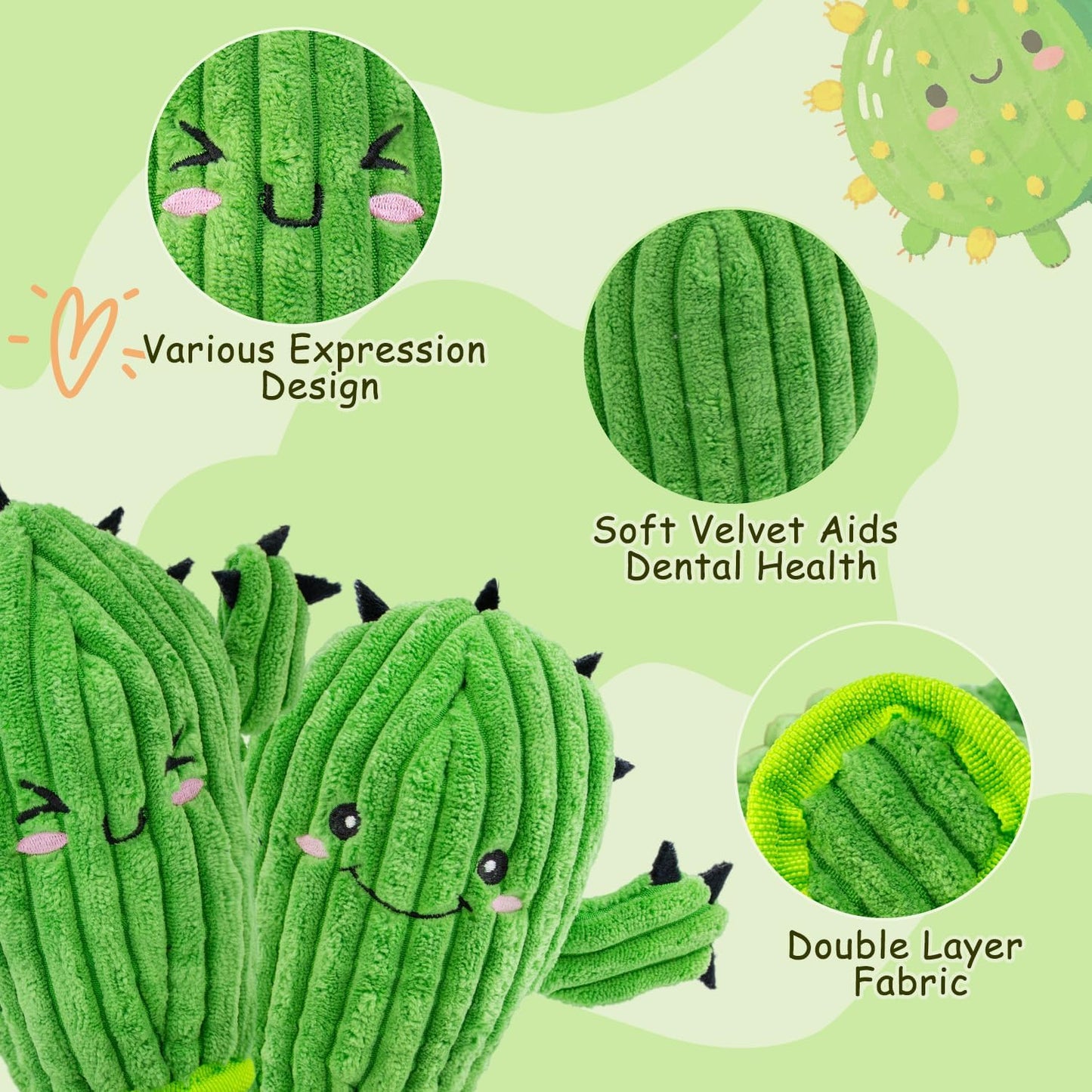 No Stuffing 3 Pack Squeaky Dog Toys- 2 in 1 Interactive Plush Dog Toy- Cactus Shaped Rip and Reveal Toy for Puppies-Indoor & Outdoor Play Training & Toss & Play