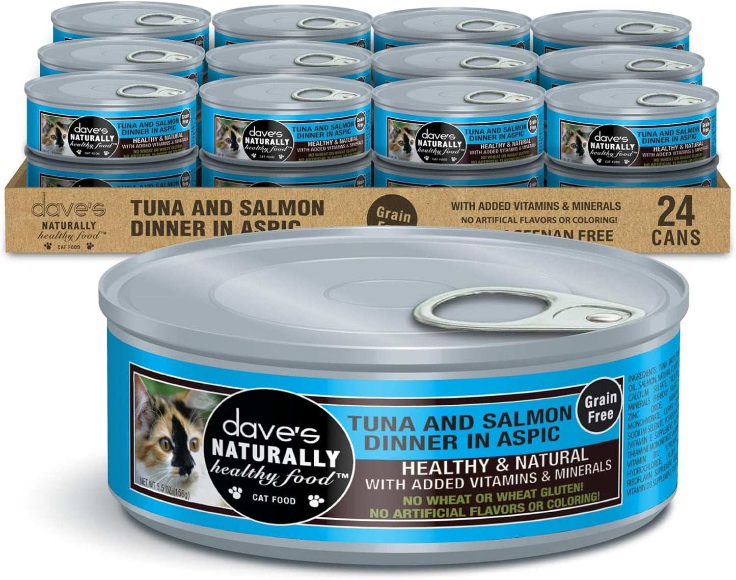Dave's Pet Food Grain Free Wet Cat Food (Tuna & Salmon Dinner in Aspic), Naturally Healthy Canned, Added Vitamins & Minerals, 5.5 oz Cans (24 Pack