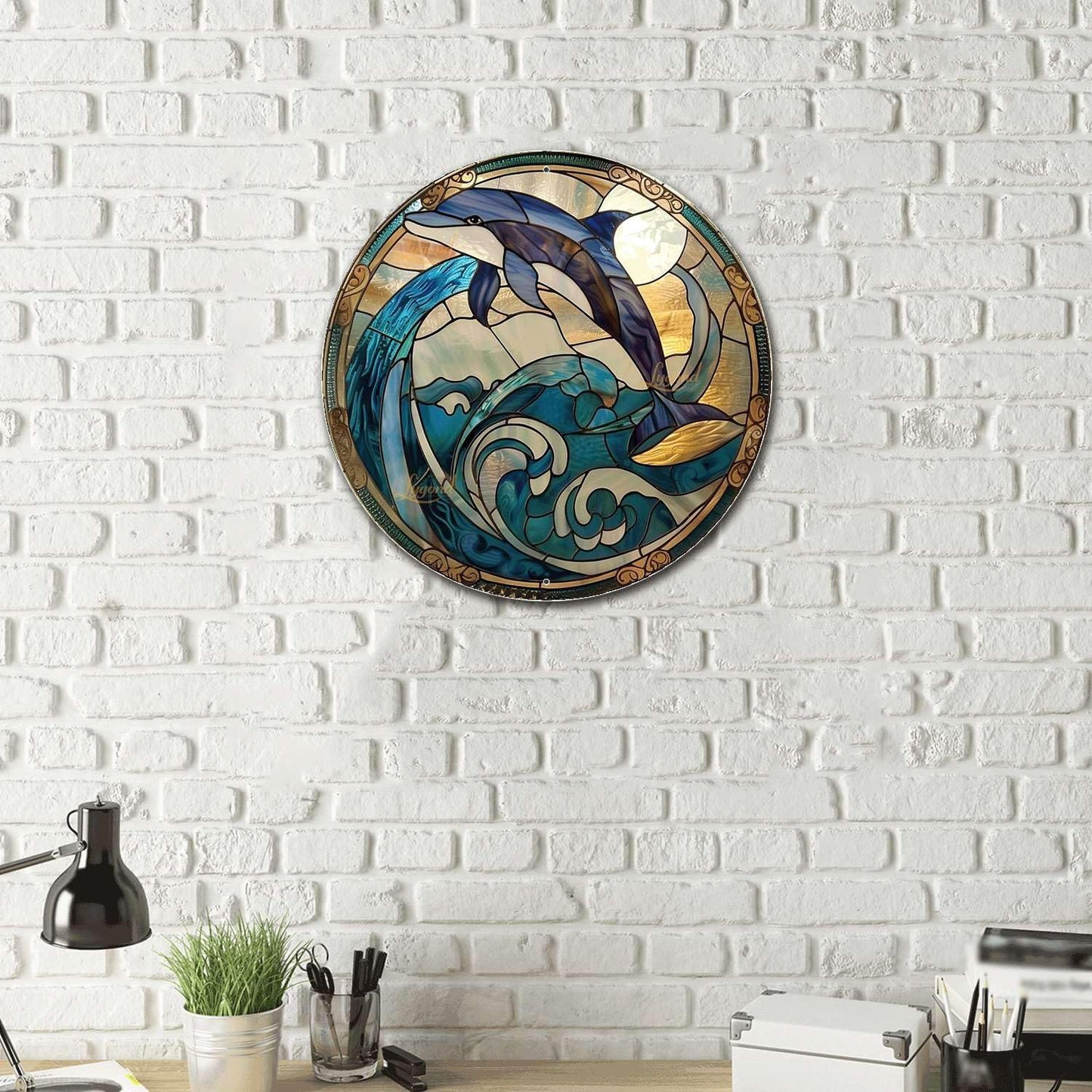 Lygond Metal Tin Stained Glass Dolphin Sign - 1212 Inches for Garden or Gift