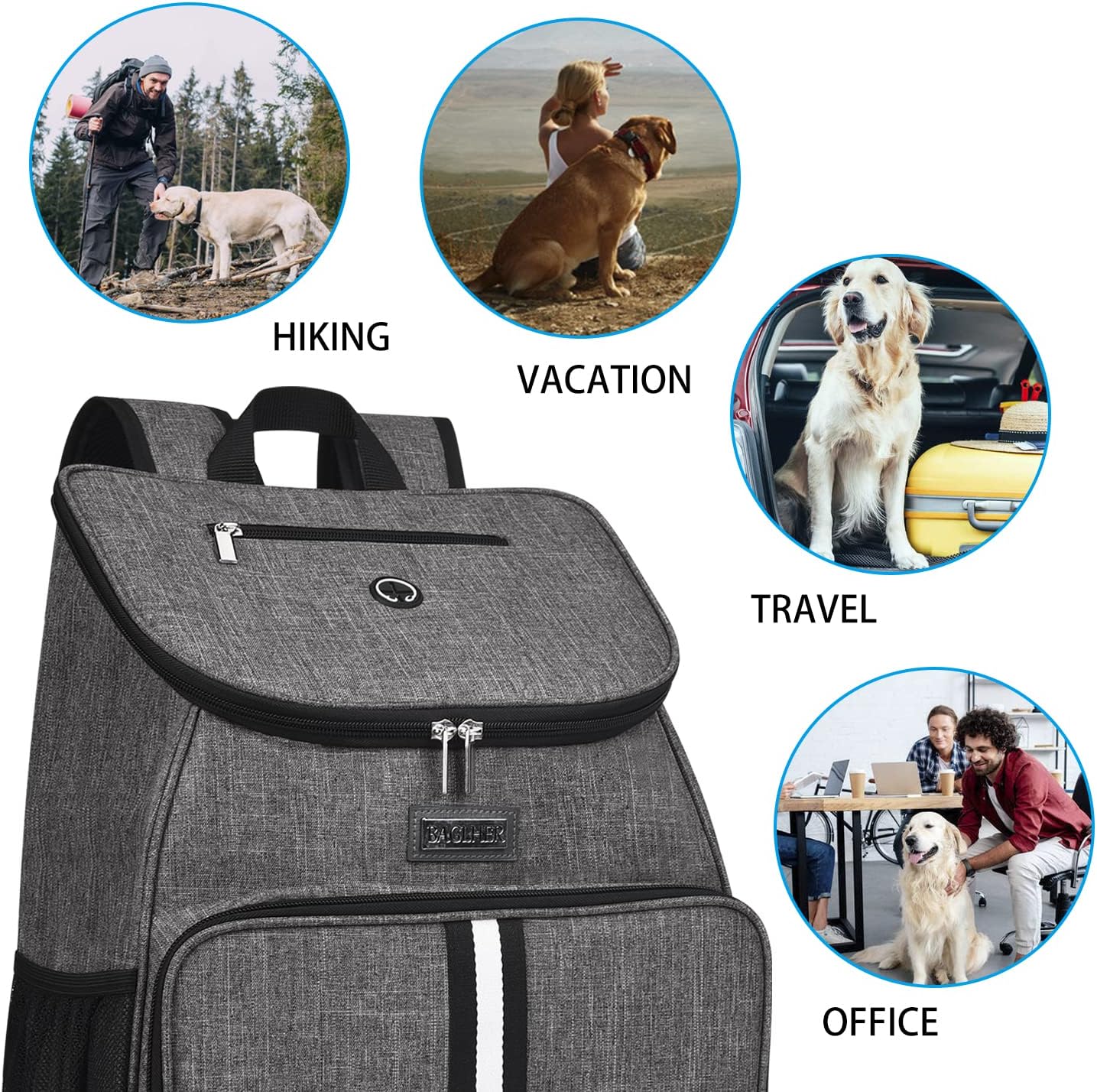 BAGLHER丨Dog Travel Bag, Airline Approved Pet Supplies Backpack, Dog Travel Backpack Accessories Set with 2 Silicone Collapsible Bowls and 2 Food Baskets, Gray
