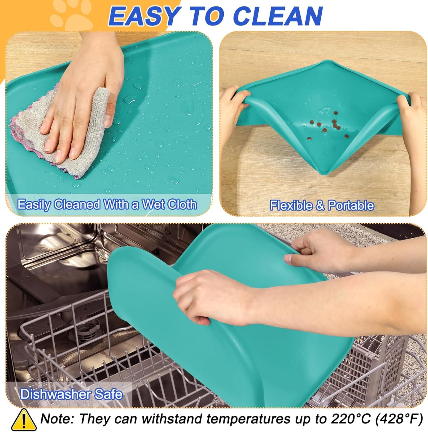 Silicone Pet Feeding Mat with Raised Edge for Food and Water, Dog Bowl Mats, Cat Bowls Placemat with High Lip for Floor Waterproof, Rubber Tray for Cats and Dogs 24 x 16 x0.8 Dark Turquoise