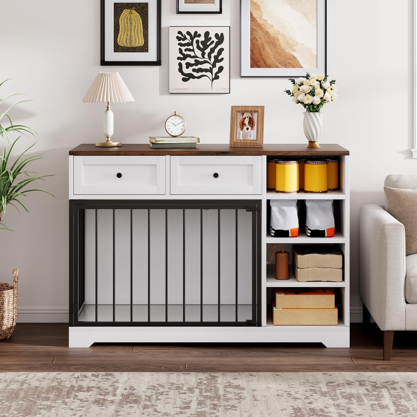Dog Crate Furniture 47", Large Dog Crate TV Stand with 2 Drawers and 4 Shelves, Wooden Dog Kennel Indoor, Decorative Dog Cage with Storage for Large Dogs, White