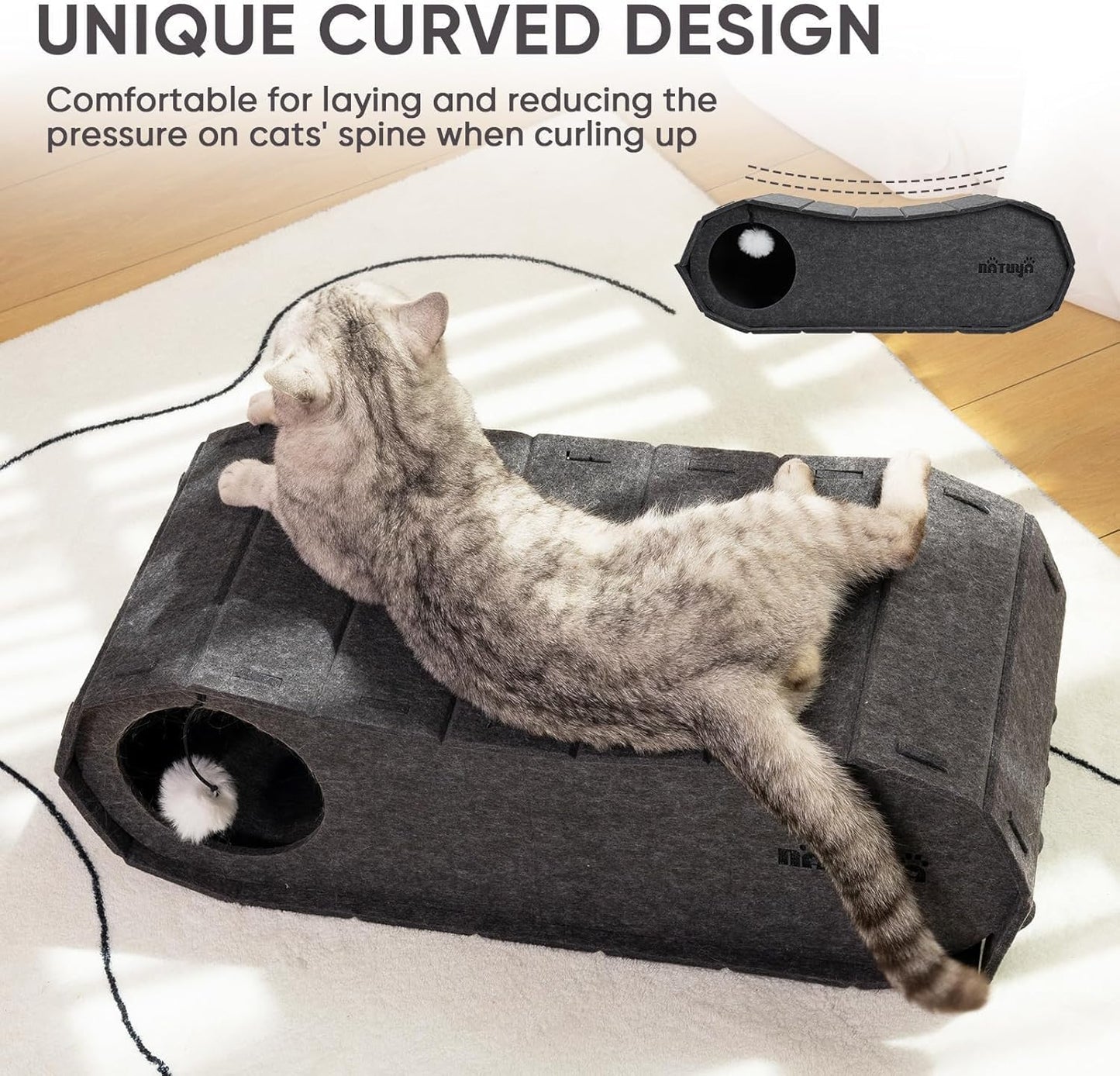 NATUYA Cat Bed Cave for Indoor Cats, Large Cat Lounge Cave Bed with Toy Ball, Enclosed Scratch Resistant Detachable Felt Cat Hideaway Bed for Cats up to 22 Lbs