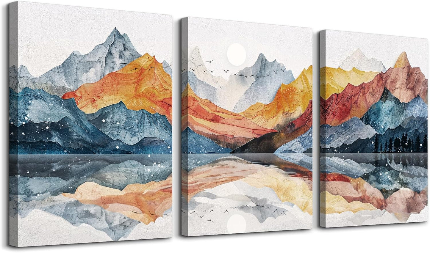 TTHYUEWS Abstract Art for Bedroom & Living Room - Modern Ink Mountain Landscapes - 3 Piece Ready To Hang Wall Decor