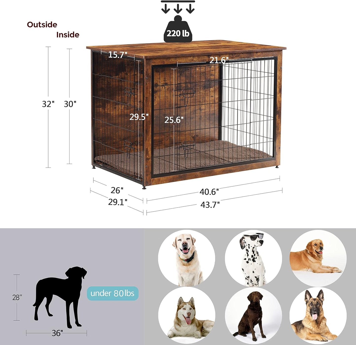DWANTON Dog Crate Furniture with Cushion, Wooden Kennel Table with Double Doors, Indoor Dog House, Extra Large Size, 43.3" L, Rustic Brown