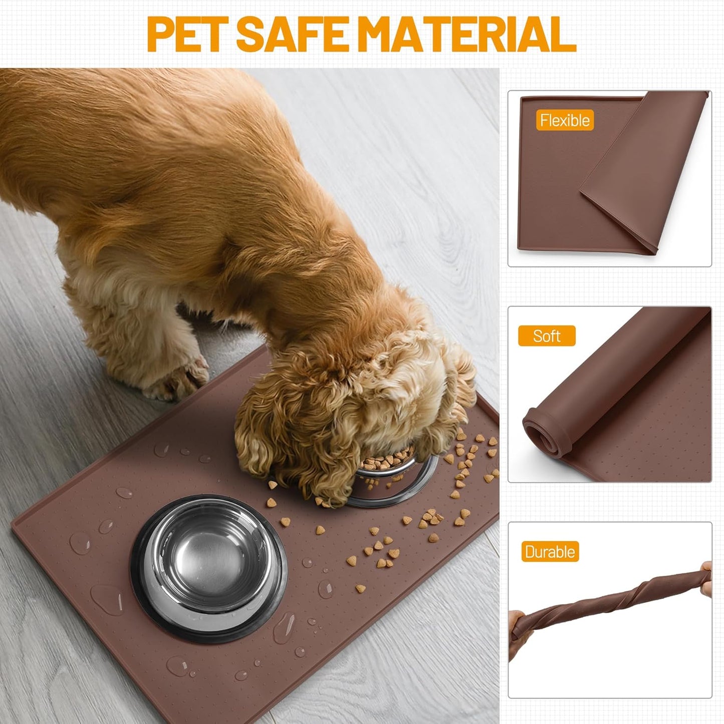 Hubulk Dog Feeding Mat,100% Waterproof Food Grade Silicone Pet Food and Water Bowl Placemat,Dishwasher, High Raised Edge to Prevent Spills,Nonslip Tray to Stop Messes on Floor（28"x18"x0.8", Brown）