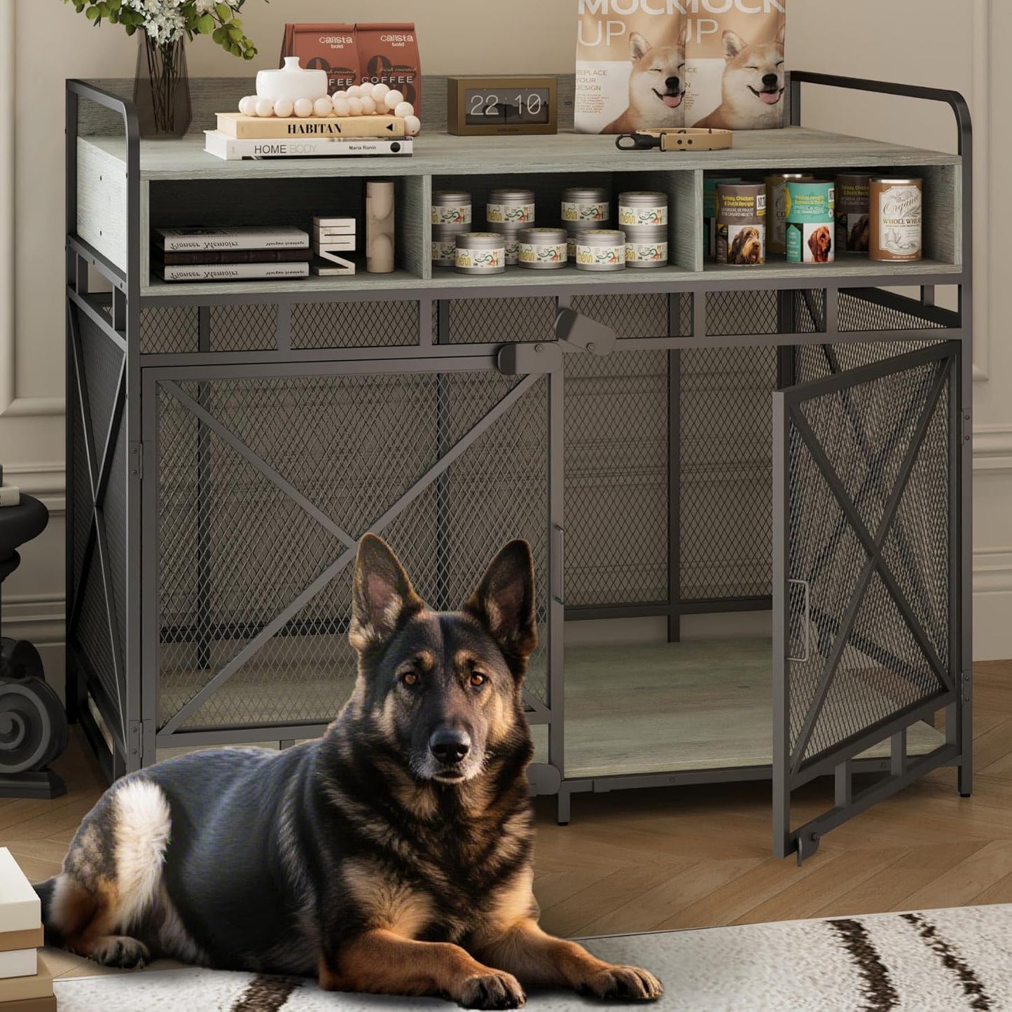 Dog Crate Furniture, 48" Heavy Duty Wooden Dog Crate End Table, XL Dog Kennel Furniture Large Breed, Decorative Dog Kennel Indoor with 3 Drawers & Steel Tubes 48" L x28 W x38 H (Grey)