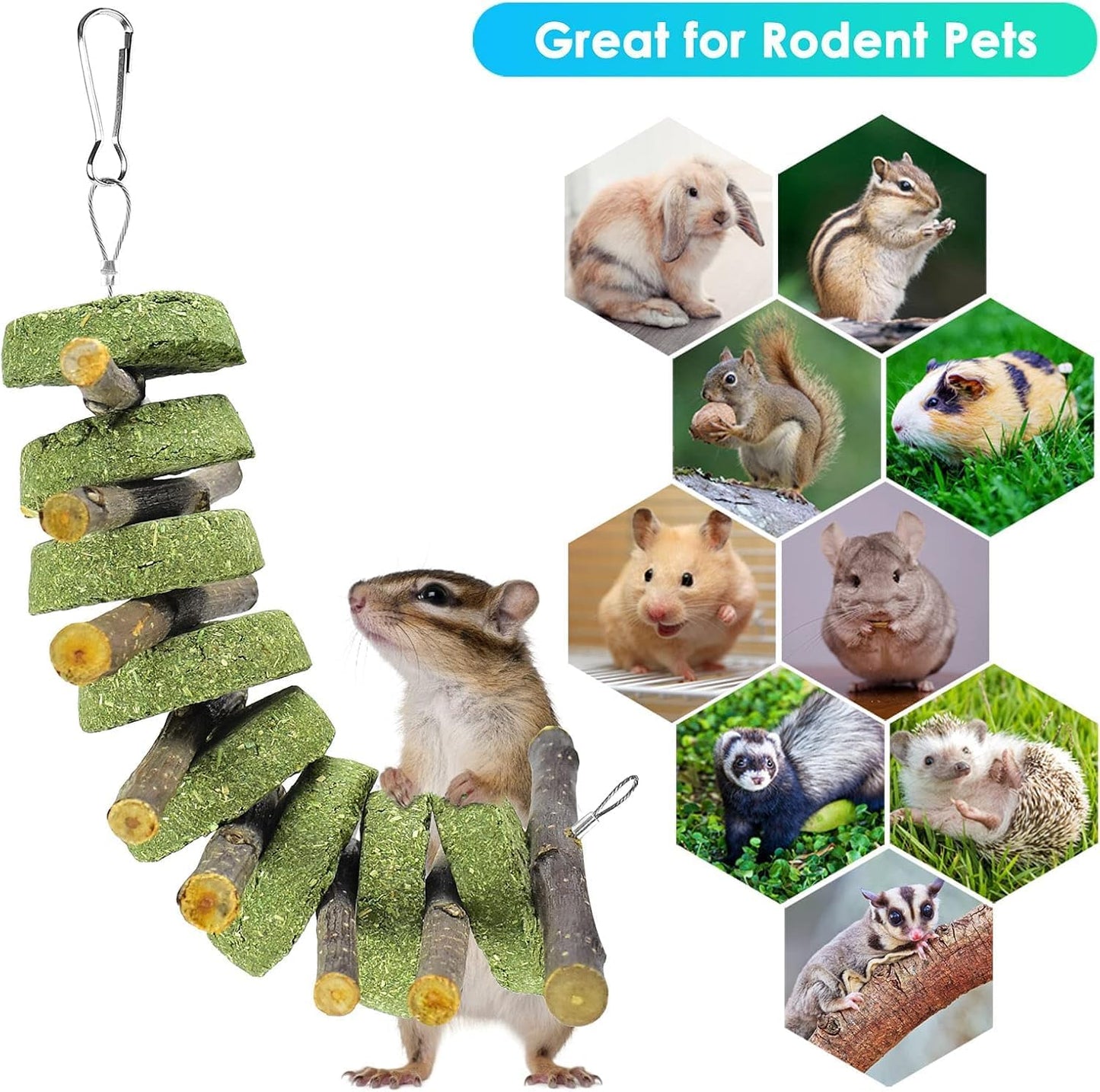 ERKOON Bunny Chew Toys, Rabbit Chew Toys for Teeth Grinding, Improve Dental Health, 100% Natural Apple Wood Timothy Grass Cake Treats for Rabbits Guinea Pigs Chinchillas Bunnies Hamsters (7 Pcs)