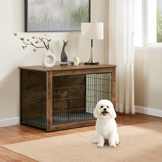 Dog Kennel Furniture, Wooden Dog Crate End Table with Dual Doors, Chew-Proof Design & Cushion, Heavy Duty Dog Crate, Decorative Pet Crate Dog Cage for Indoor (27 Inch)