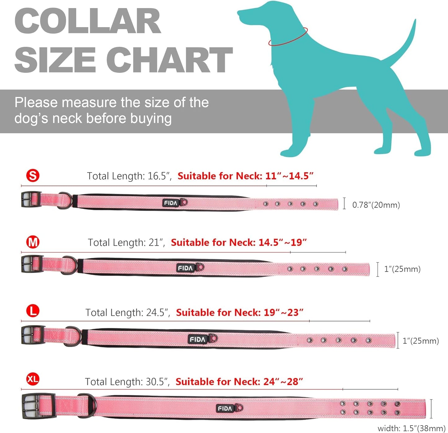 Fida Heavy Duty Dog Collar, Ultra Comfortable Soft Neoprene Padded, Adjustable Reflective Nylon Pet Collar with Durable Metal Belt Buckle for Medium Breeds (M, Pink)