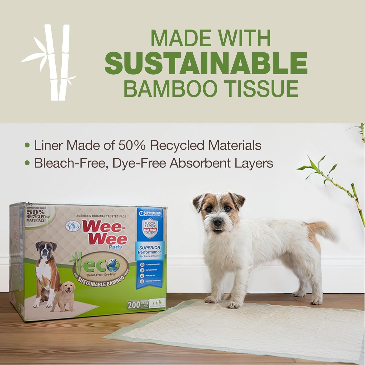 Four Paws Wee-Wee Superior Performance Bamboo Pee Pads for Dogs, Earth Friendly Dog & Puppy Potty Training Pads, Crate Liners, Housebreaking Supplies, 22" x 23" (50 Count)